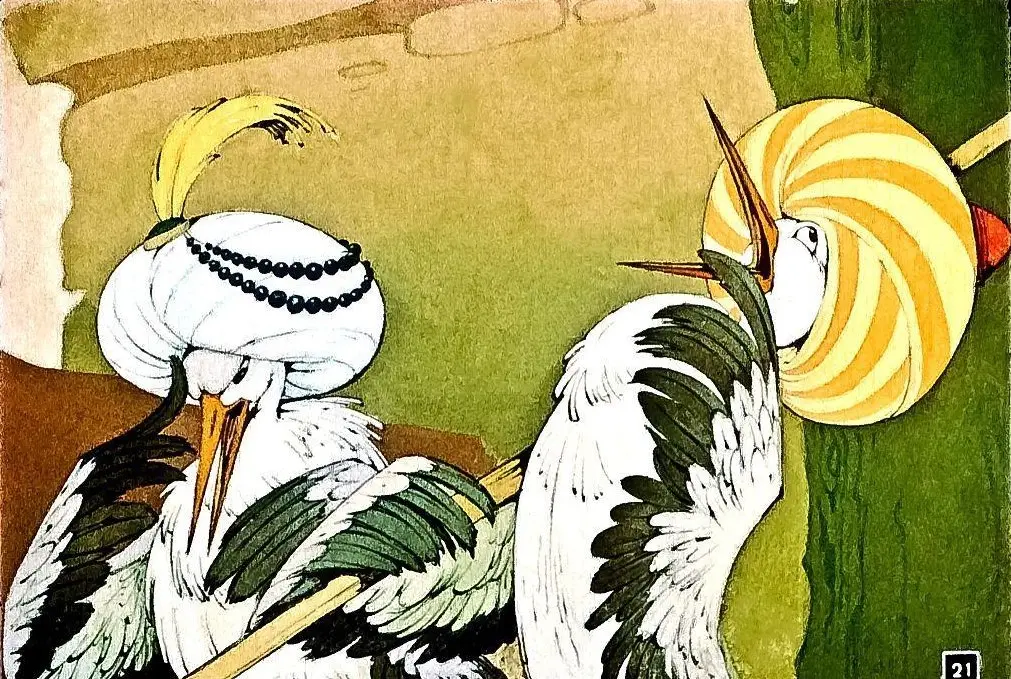 Ilustrație artistică cu două păsări stilt îmbrăcate în costume elaborate.