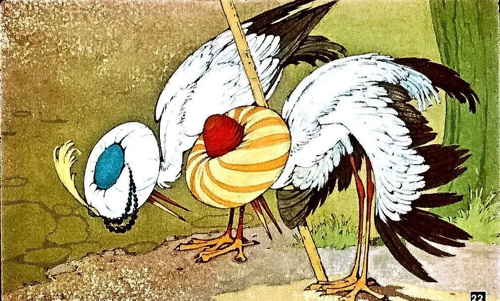 O ilustrație cu două stârci, una cu un clopot în jurul gâtului, altă cu un coș de piersici pe spate, înconjurate de o vegetație verde.