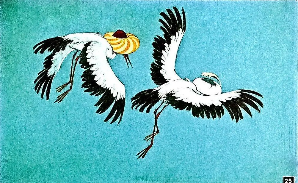 Ilustrație cu două stârci zburând pe un fundal albastru.