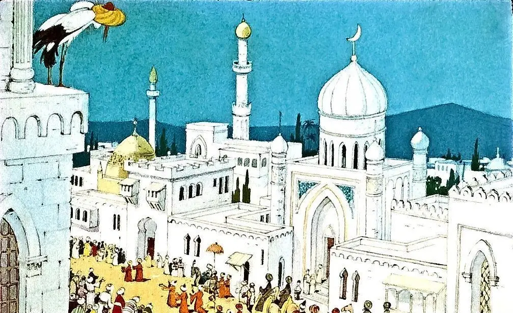 O ilustrație vibrantă a unui oraș cu arhitectură arabă, masă de oameni în piață și o berză pe un acoperiș.