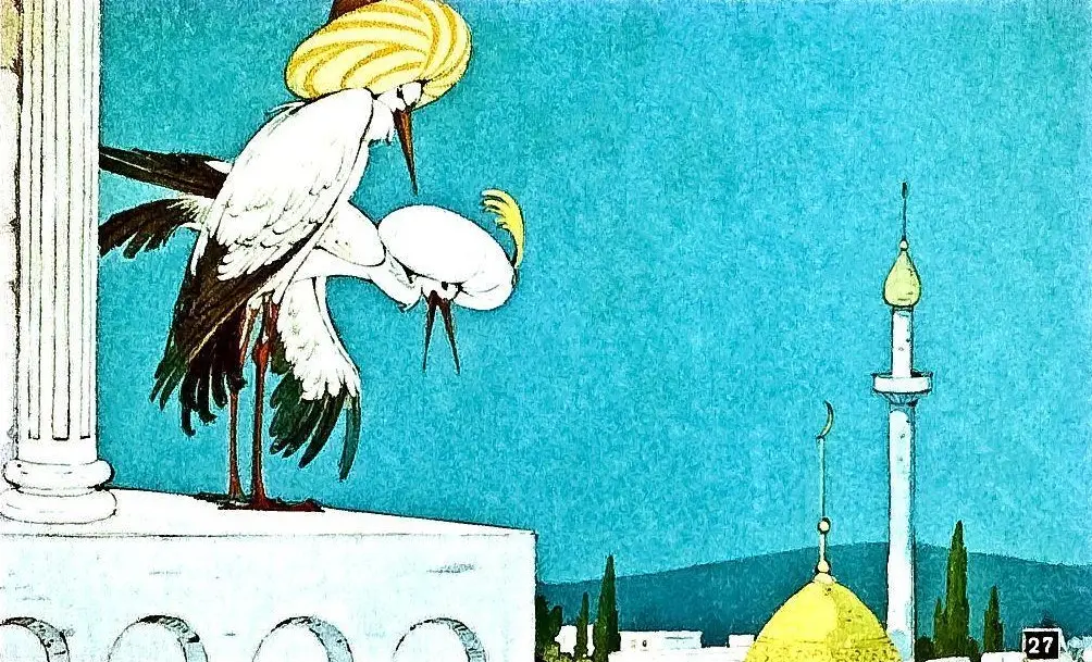 Ilustrație colorată cu două berze stând pe o clădire, cu un peisaj urban în fundal.