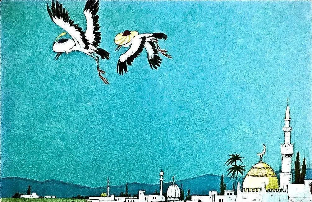 O ilustrație colorată cu păsări zburând deasupra unui peisaj urban, cu clădiri și un minaret pe fundal.