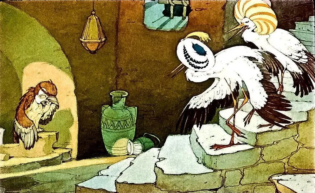 Ilustrație animată cu trei păsări într-un decor de interior, cu scări și obiecte decorative.