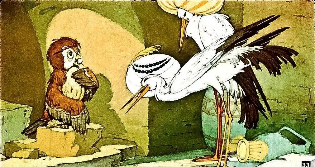 Două berze și un pui de bufniță într-un peisaj colorat.