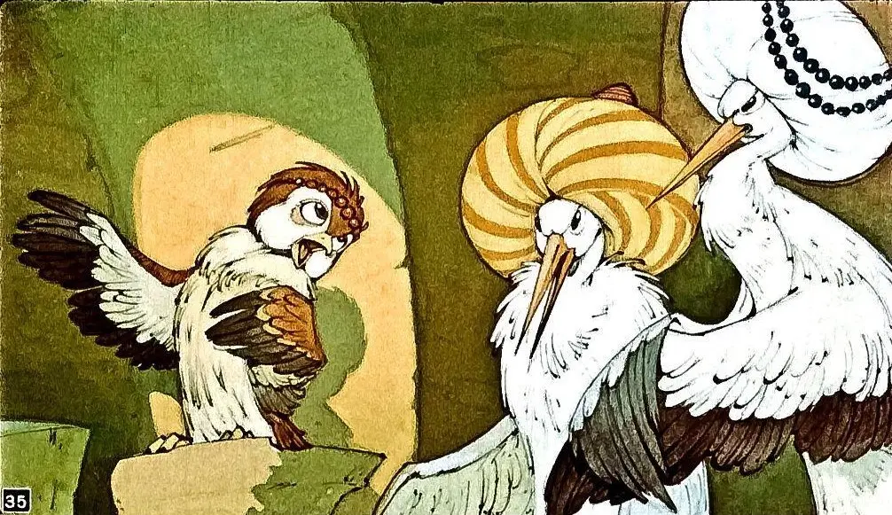 Imagine animată cu trei păsări, una dintre ele arătându-se supărată, iar celelalte două având coafuri elaborate.