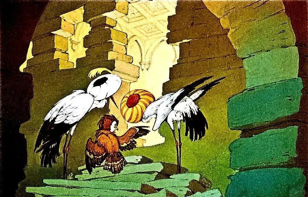 Ilustrație cu o pasăre și două stârci într-un decor de ruină, cu o minge colorată în fundal.