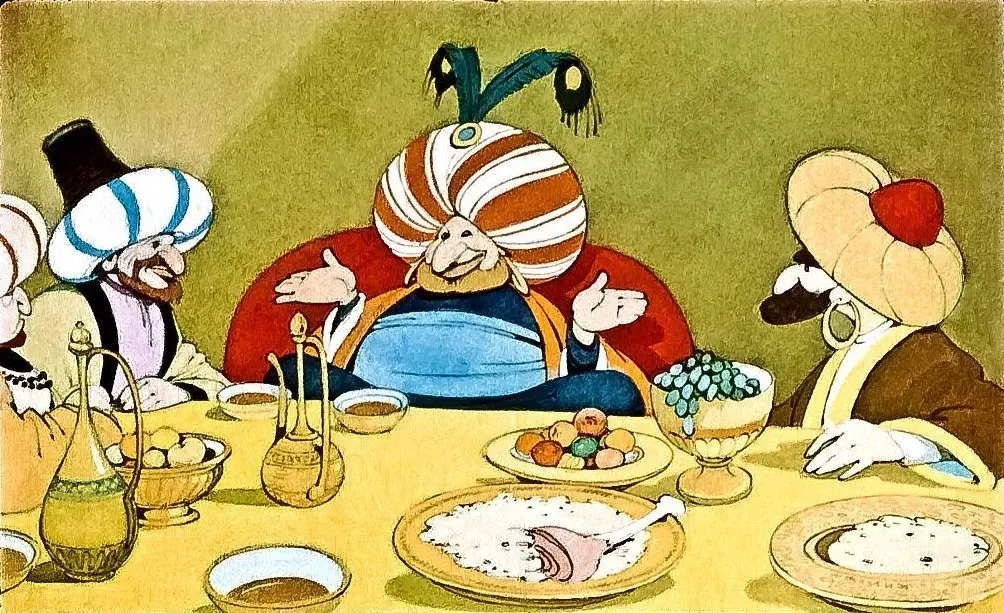 O ilustrare colorată a unei mese cu patru bărbați care poartă turbane, așezați în jurul unei mese pline de mâncare.