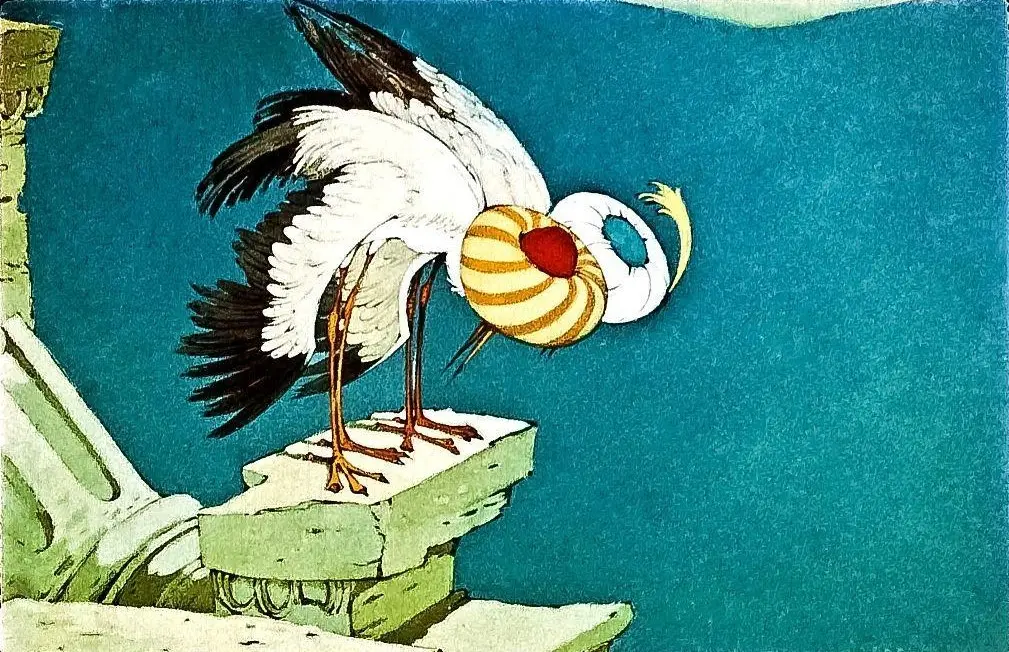 O ilustrație artistică cu o pasăre pe o stâncă, cu un fundal de cer albastru.