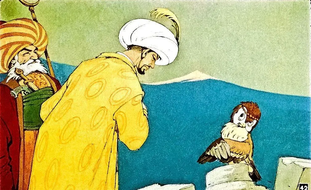 Ilustrație colorată cu un bărbat îmbrăcat într-o haină galbenă și turbantă, stând în fața unui păsări cu penaj deschis, pe un fundal de apă și munți.