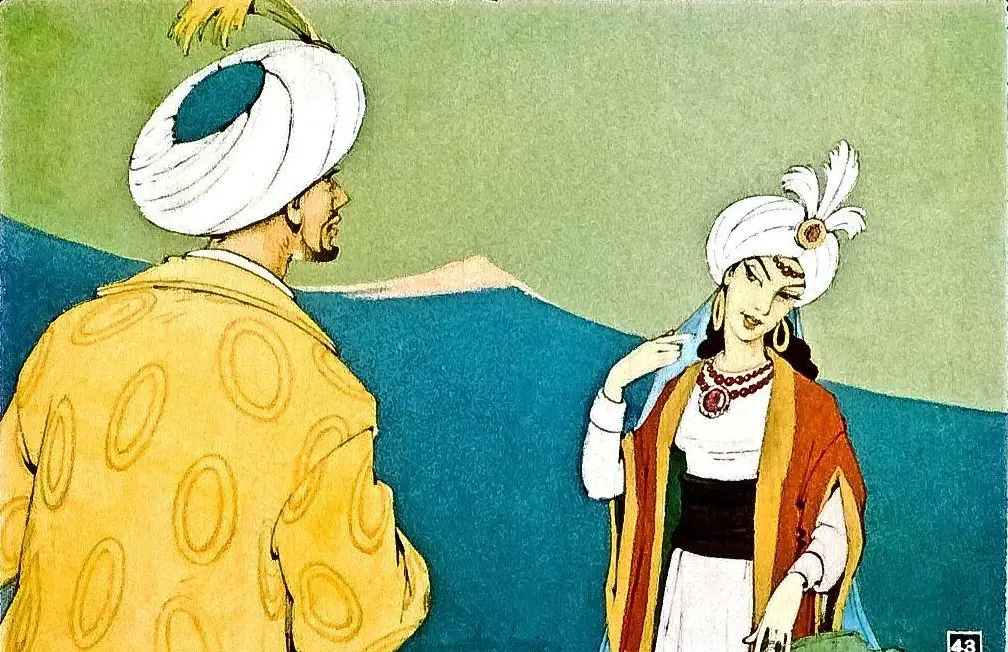 O ilustrație colorată care prezintă două personaje, un bărbat și o femeie, într-un peisaj pe fundal. Bărbatul poartă o robă galbenă cu modele, iar femeia este îmbrăcată elegant, având accesorii deosebite.