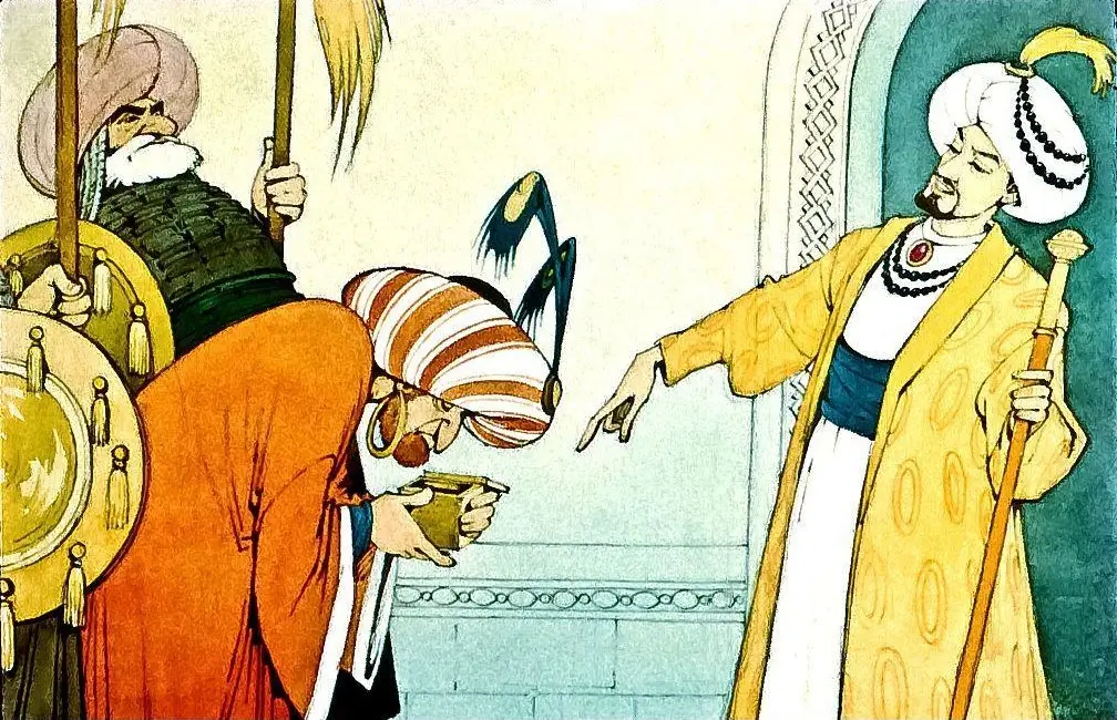 Ilustrație colorată cu trei bărbați îmbrăcați în haine tradiționale, unul dintre ei oferind un obiect, iar ceilalți doi observând, într-un decor cu elemente arhitecturale.