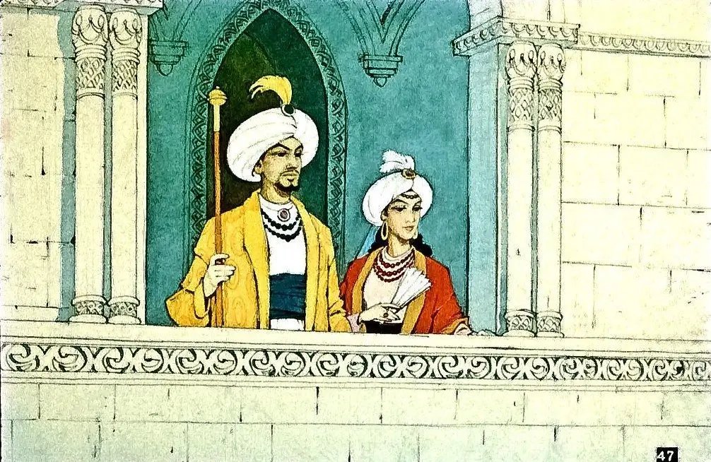 Ilustrație cu două personaje într-o uniformă tradițională, stând pe un balcon ornate, cu detalii arhitecturale în fundal.