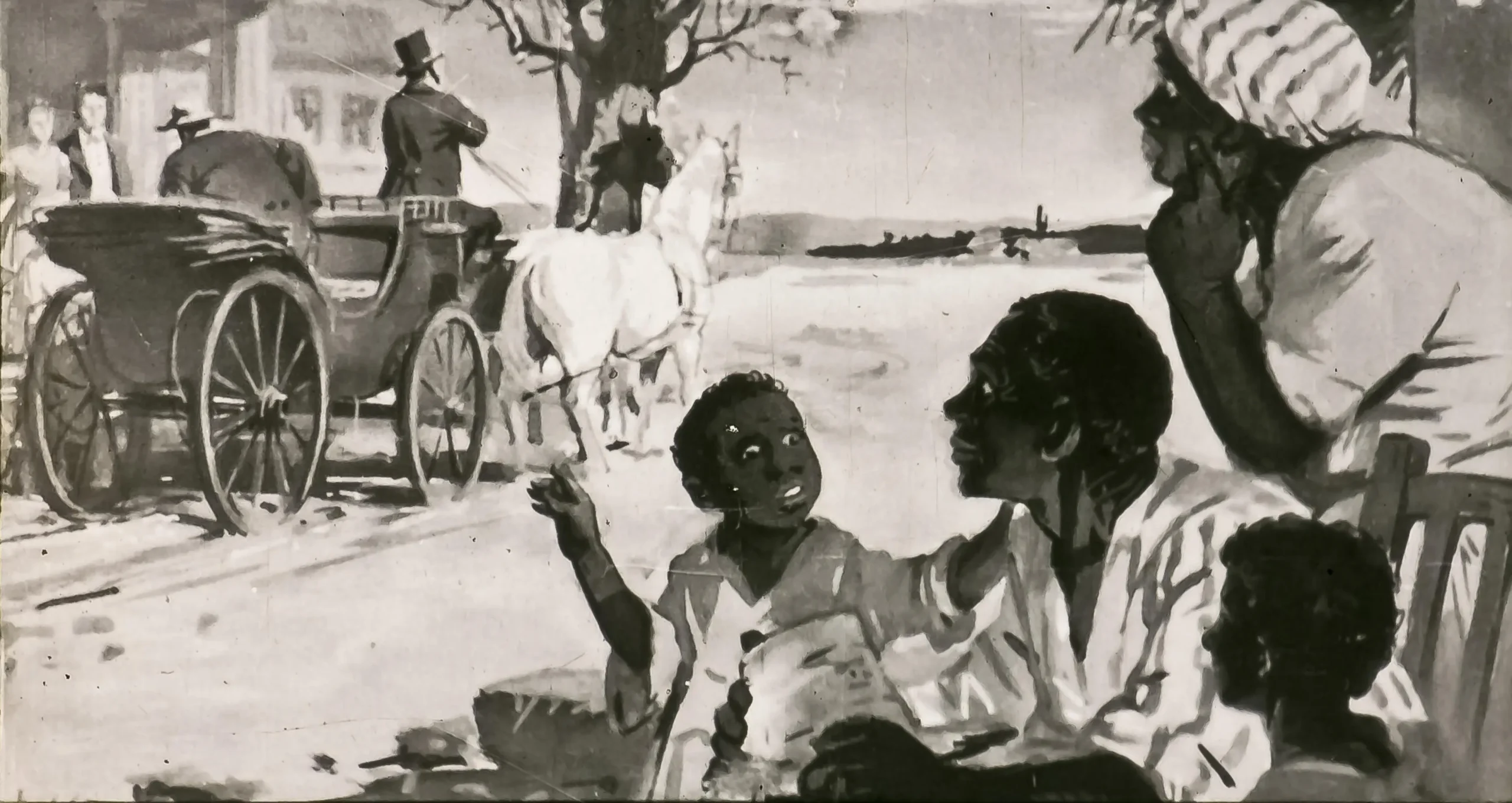 Ilustrație artistică în alb și negru care prezintă o scenă de epocă cu oameni și animale într-un peisaj rural.