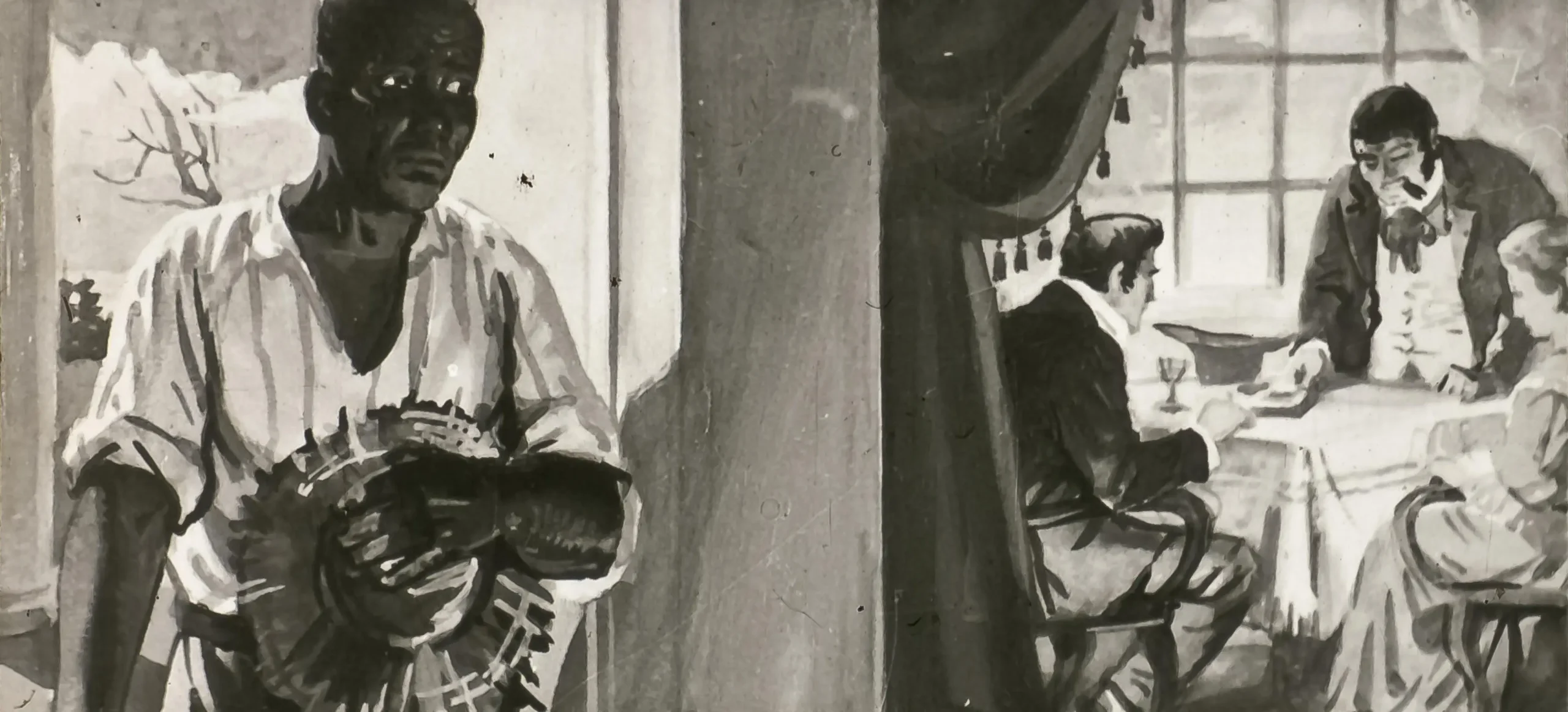 Ilustrație alb-negru care prezintă o scenă cu un bărbat care poartă o haină cu dungi, ținând un obiect rotund, în timp ce o altă scenă arată un grup de bărbați și o femeie într-o cameră la o masă.