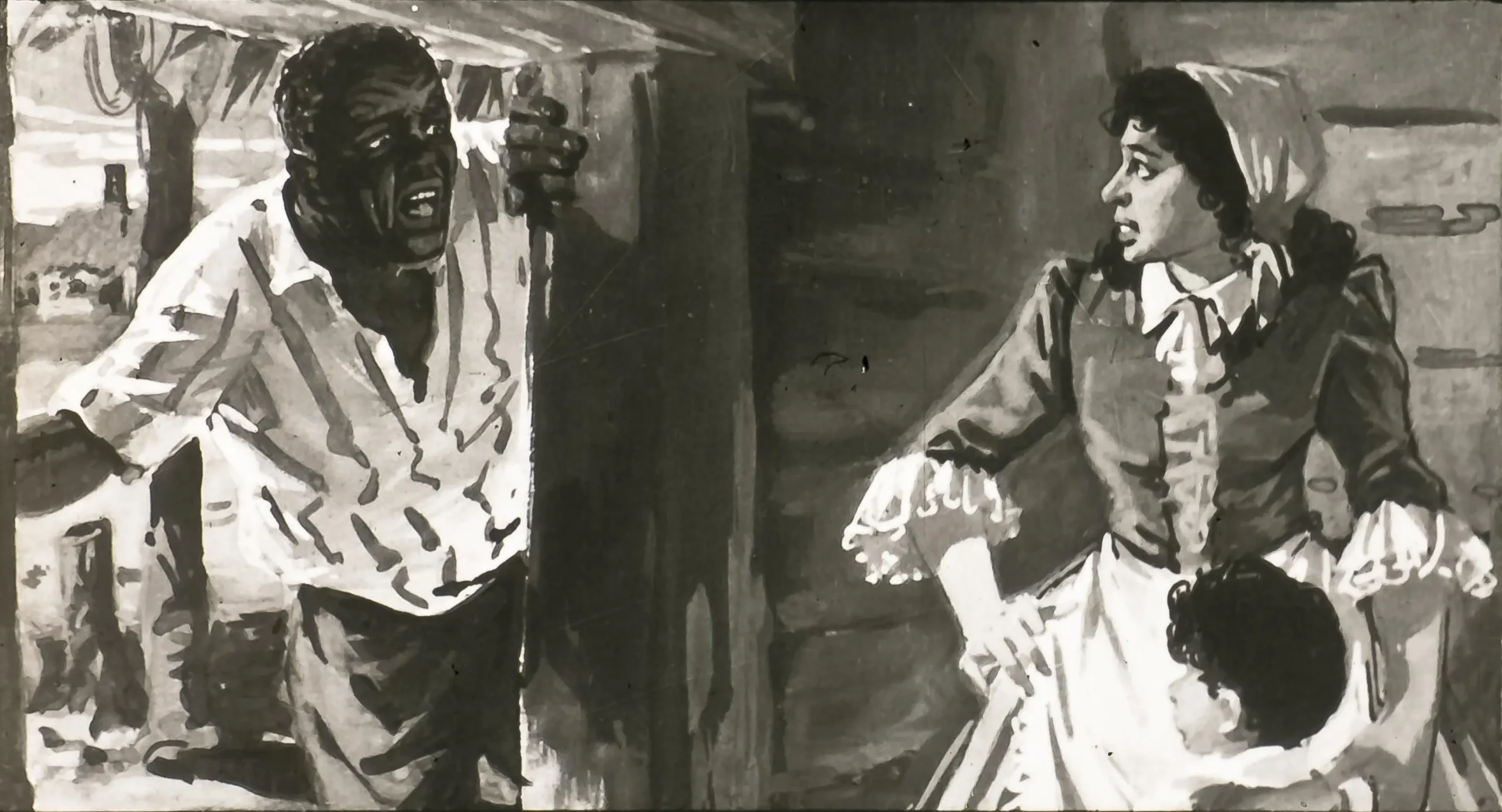 O scenă alb-negru cu un bărbat și o femeie îmbrăcați în costume dintr-o perioadă istorică, bărbatul pare agitat, în timp ce femeia are o expresie îngrijorată.