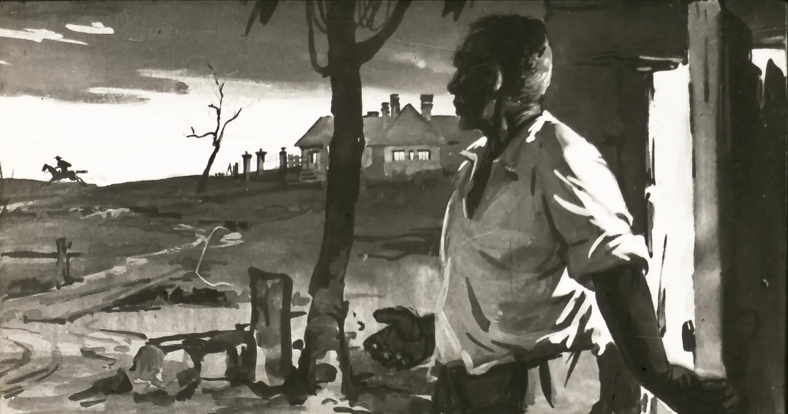 Un bărbat contemplativ stând pe o ușă deschisă, privind spre peisajul rural cu case la distanță, în timp ce cerul are nuanțe întunecate.