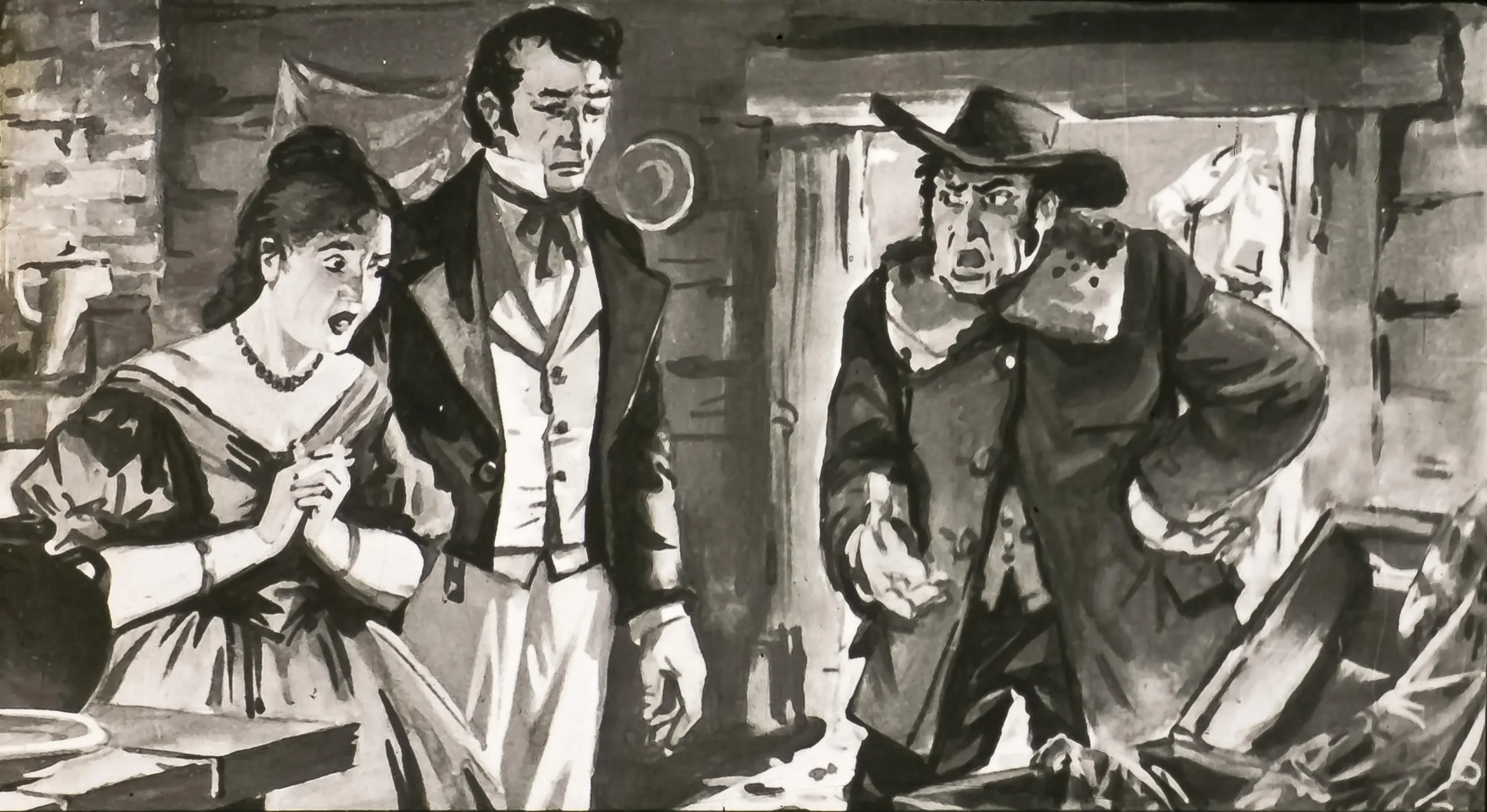 Ilustrație în alb-negru cu trei personaje într-o scenă tensionată într-o încăpere rustică.