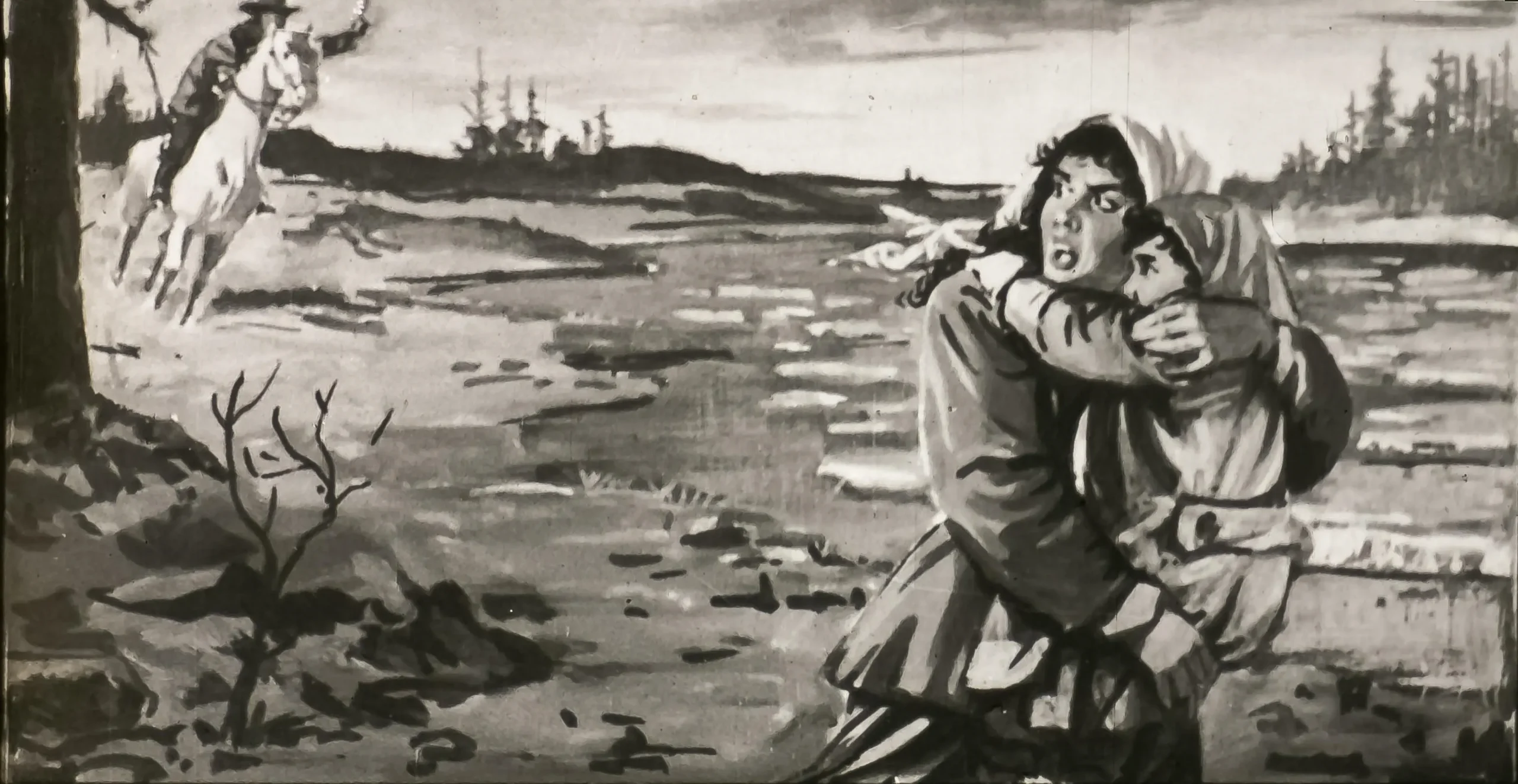 Ilustrație în alb și negru cu două personaje care se îmbrățișează, înconjurate de un peisaj dezolant, fără text.