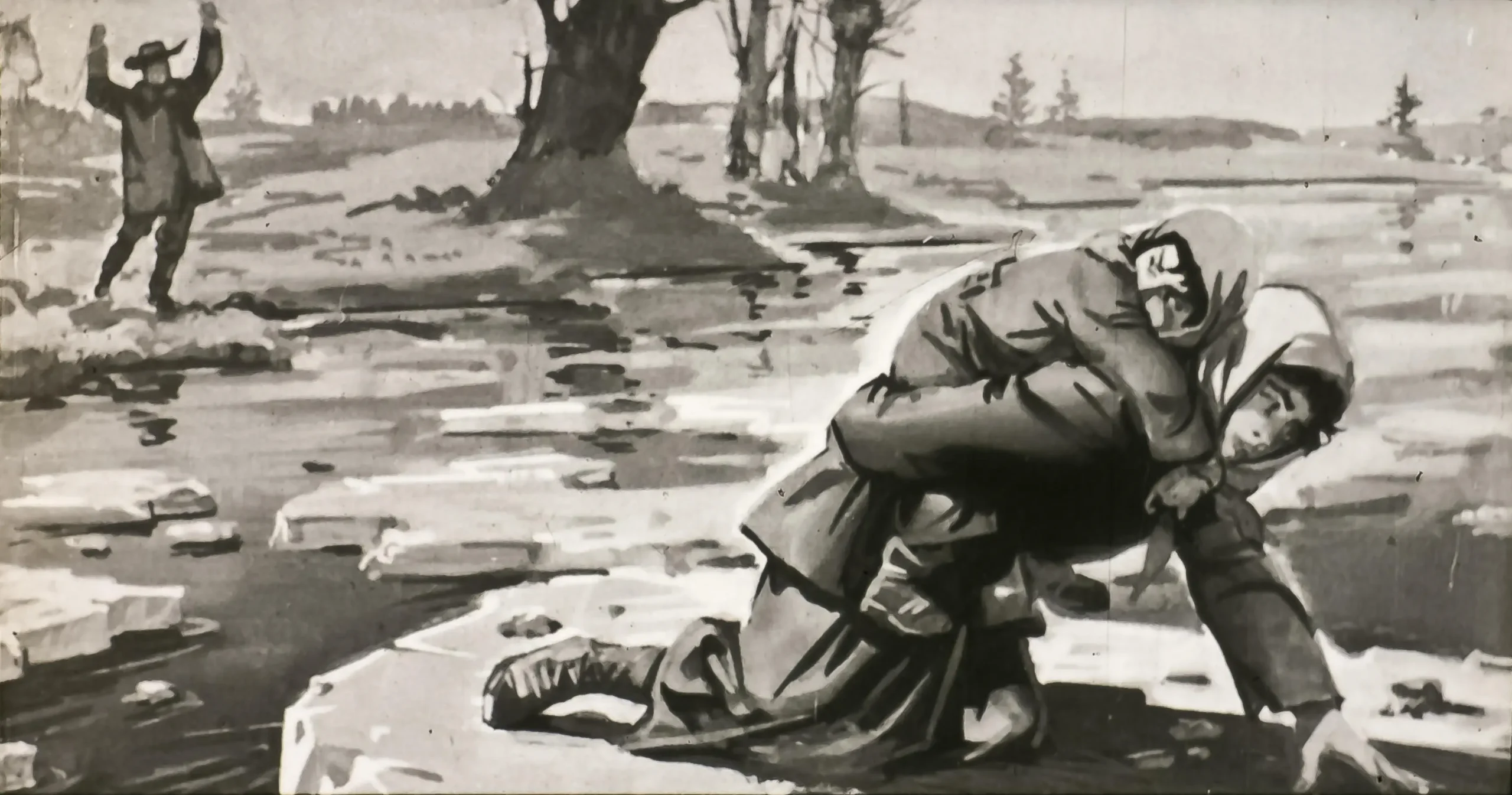 Imagine în alb și negru reprezentând o scenă dramatică, cu o persoană care salvează o alta de la înec, în timp ce o a treia persoană observă de la distanță.