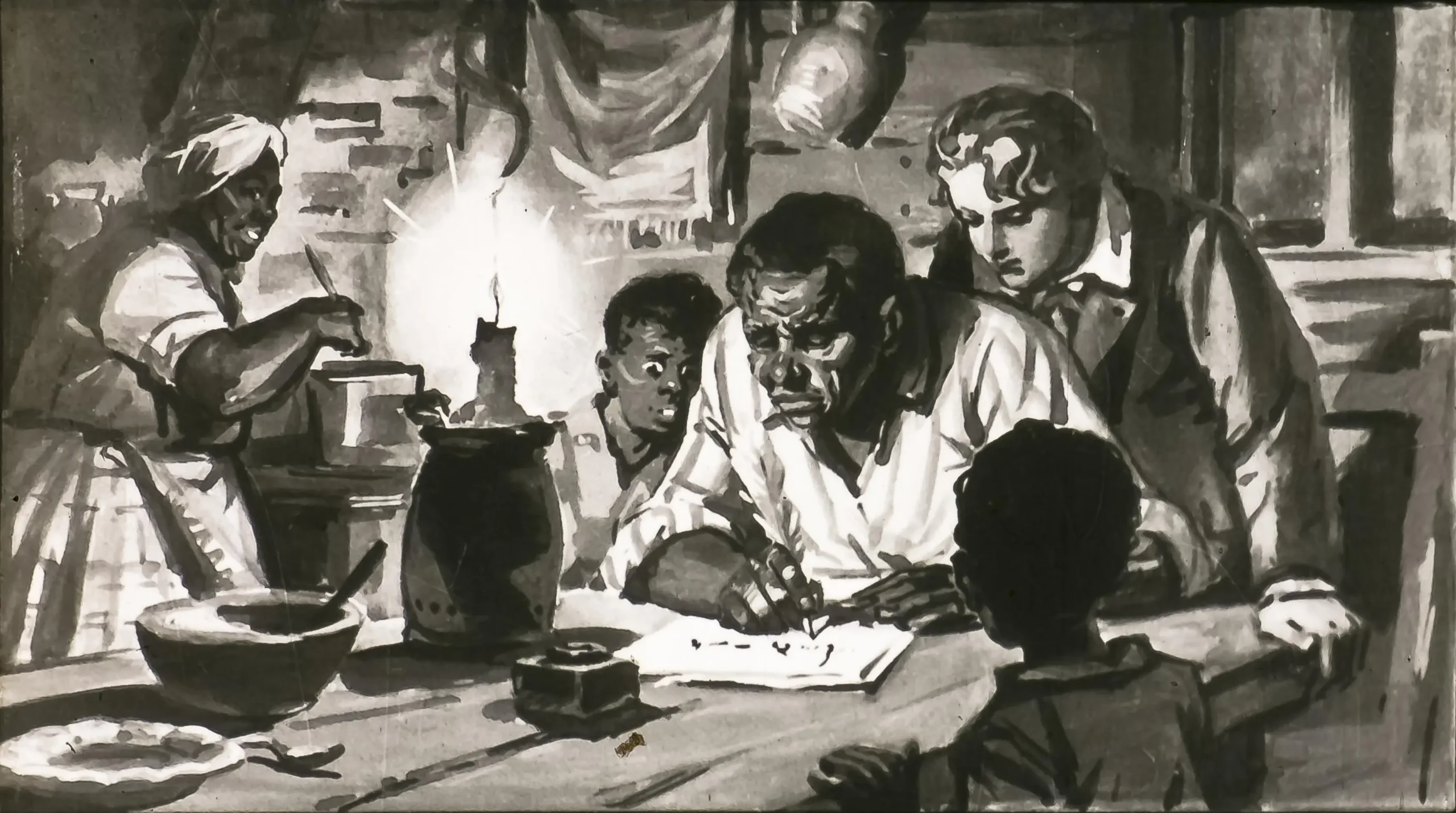 Ilustrație în nuanțe de gri care prezintă o scenă de interior cu mai multe personaje, un bărbat scriind la masă iluminată de o lumânare, o femeie gătind, iar alți copii observând.