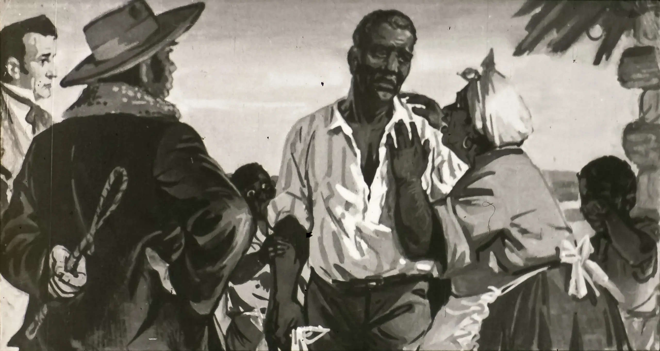 Ilustrație dintr-o scenă istorică, prezentând interacțiuni între personaje diverse.