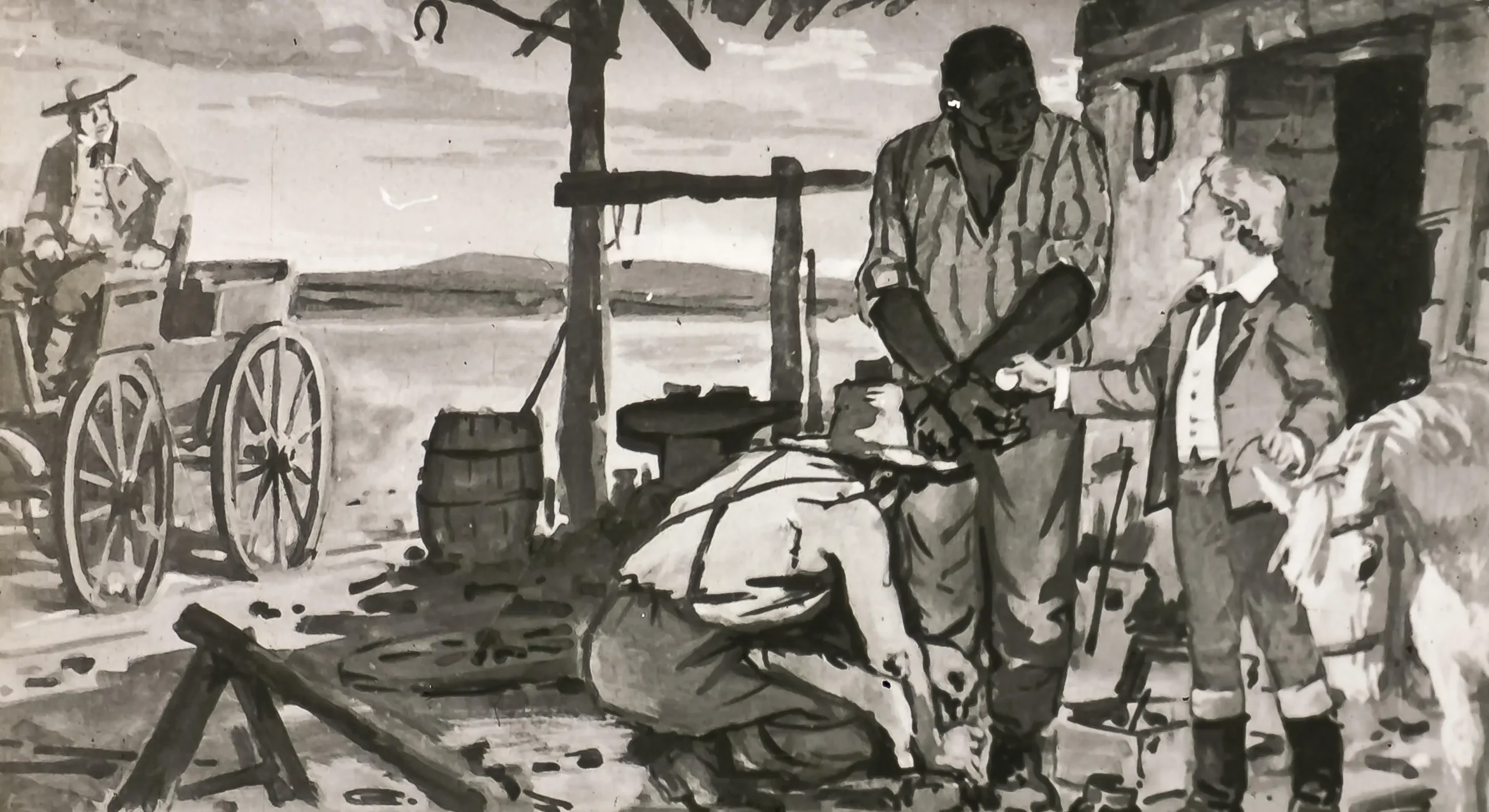 Ilustrație în alb-negru care reprezintă o scenă rurală cu mai multe figuri umane, inclusiv un bărbat de culoare, un bărbat alb și un călăreț pe un car. Scena sugerează lucrări agricole, cu un fundal de peisaj deschis.