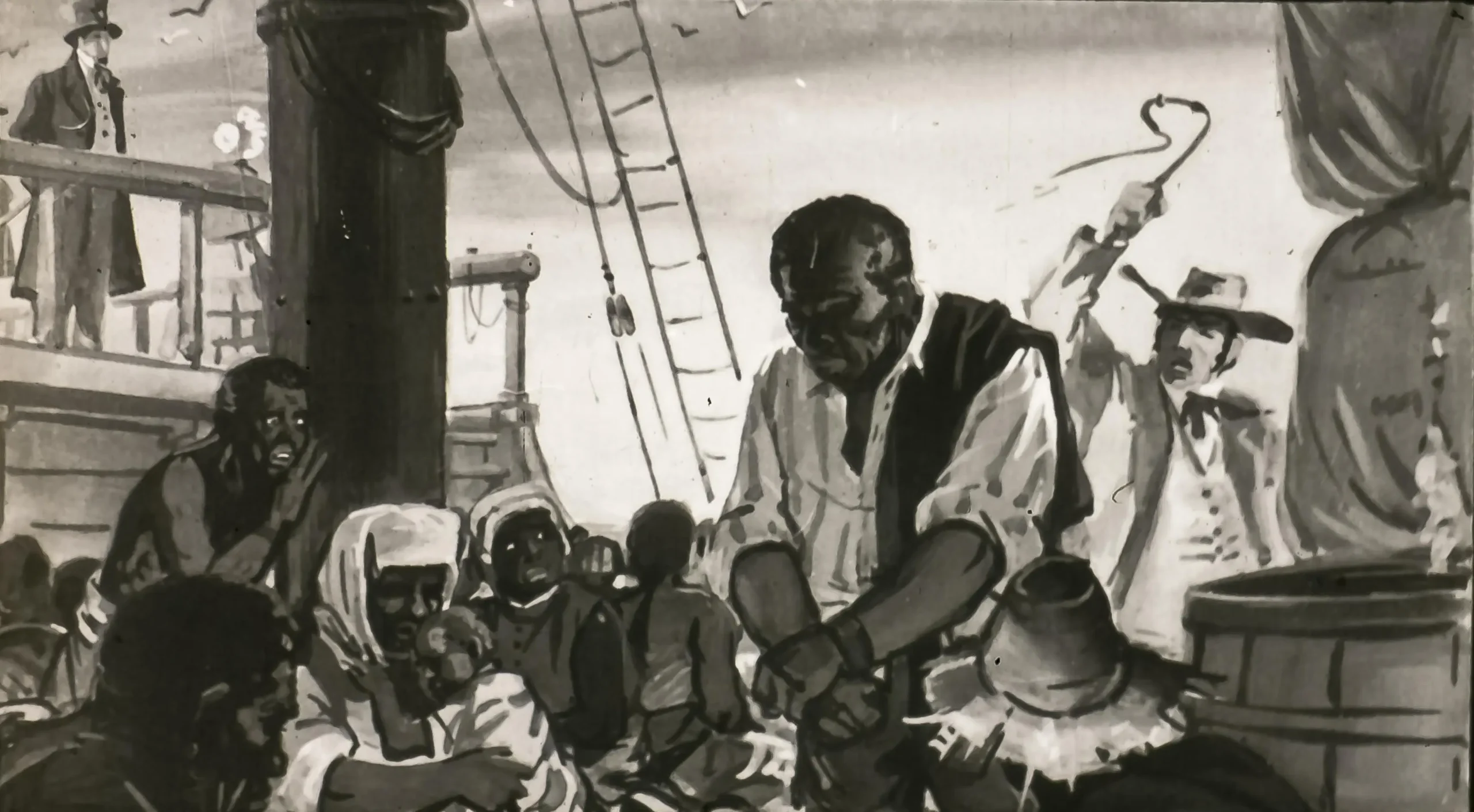 Ilustrație istorică despre sclavie, prezentând oameni din diferite rase pe o navă de sclavi, cu un sclav în prim-plan și alte figuri în fundal.