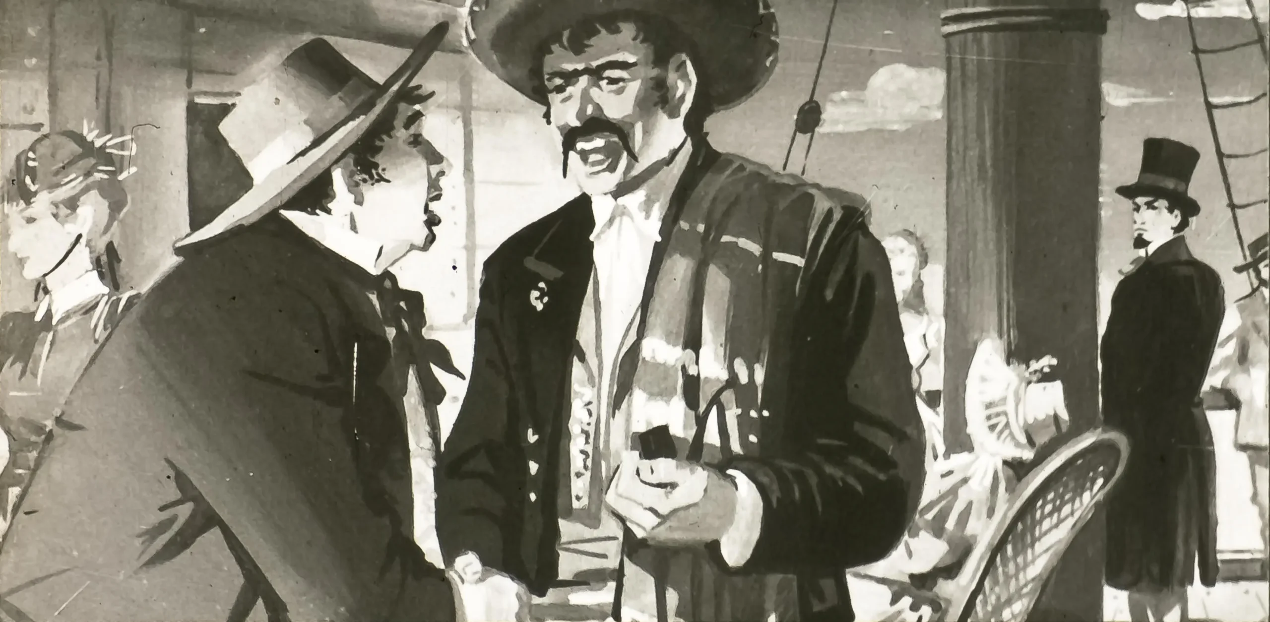 Ilustrație în alb și negru cu bărbați îmbrăcați în stil istoric, interacționând într-un mediu similar cu un vapor.