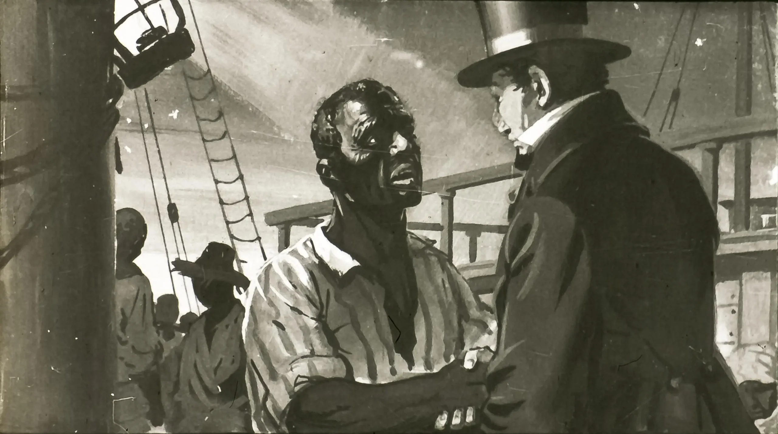 Ilustrație alb-negru a unei scene istorice pe un vas, cu personaje ce discută, una dintre ele purtând un pălărie înaltă.