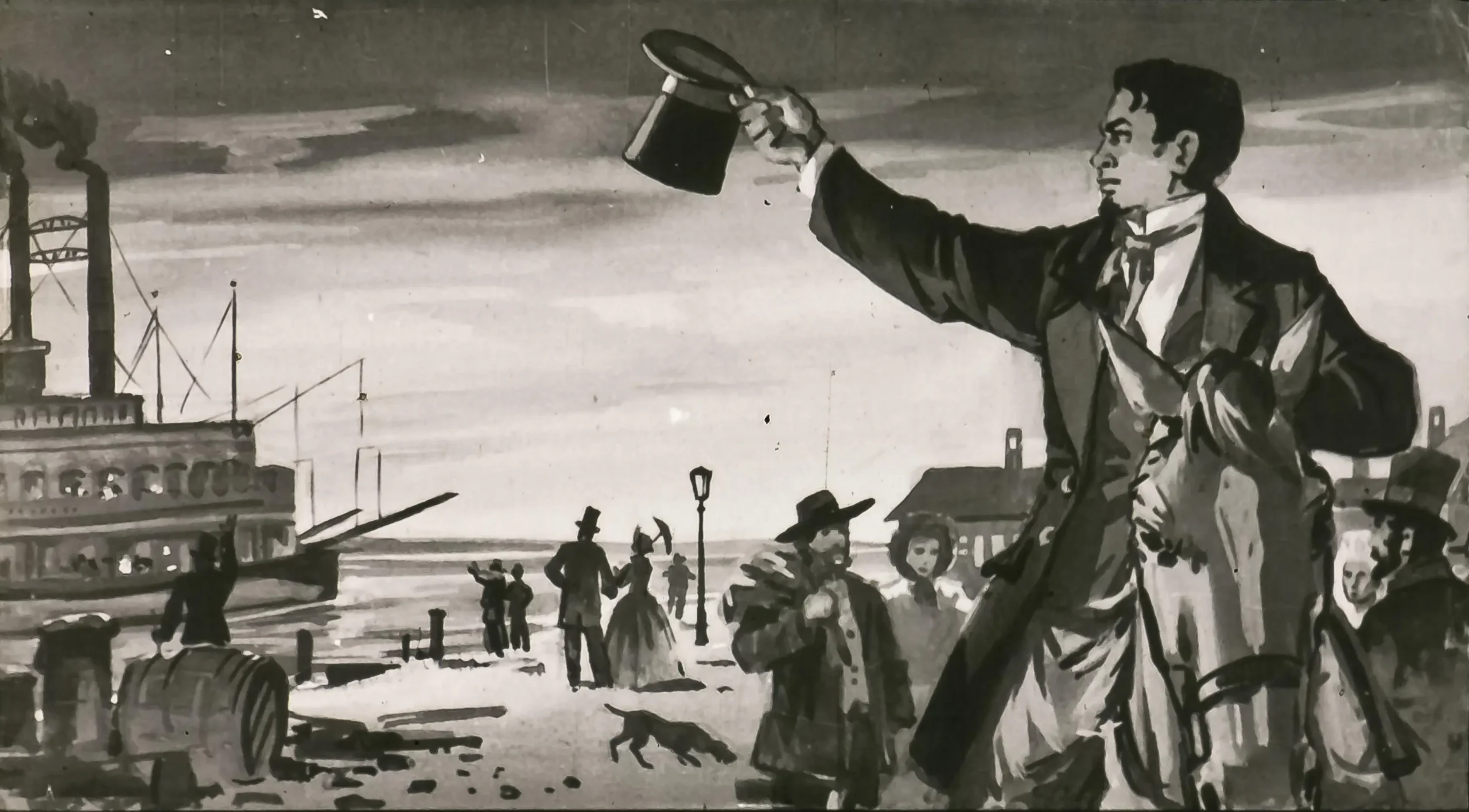 Ilustrație alb-negru cu un bărbat îmbrăcat elegant, ridicând o pălărie, în timp ce se află pe un cal, pe un fundal ce include o ambarcațiune pe apă și oameni îmbrăcați în costume de epocă.