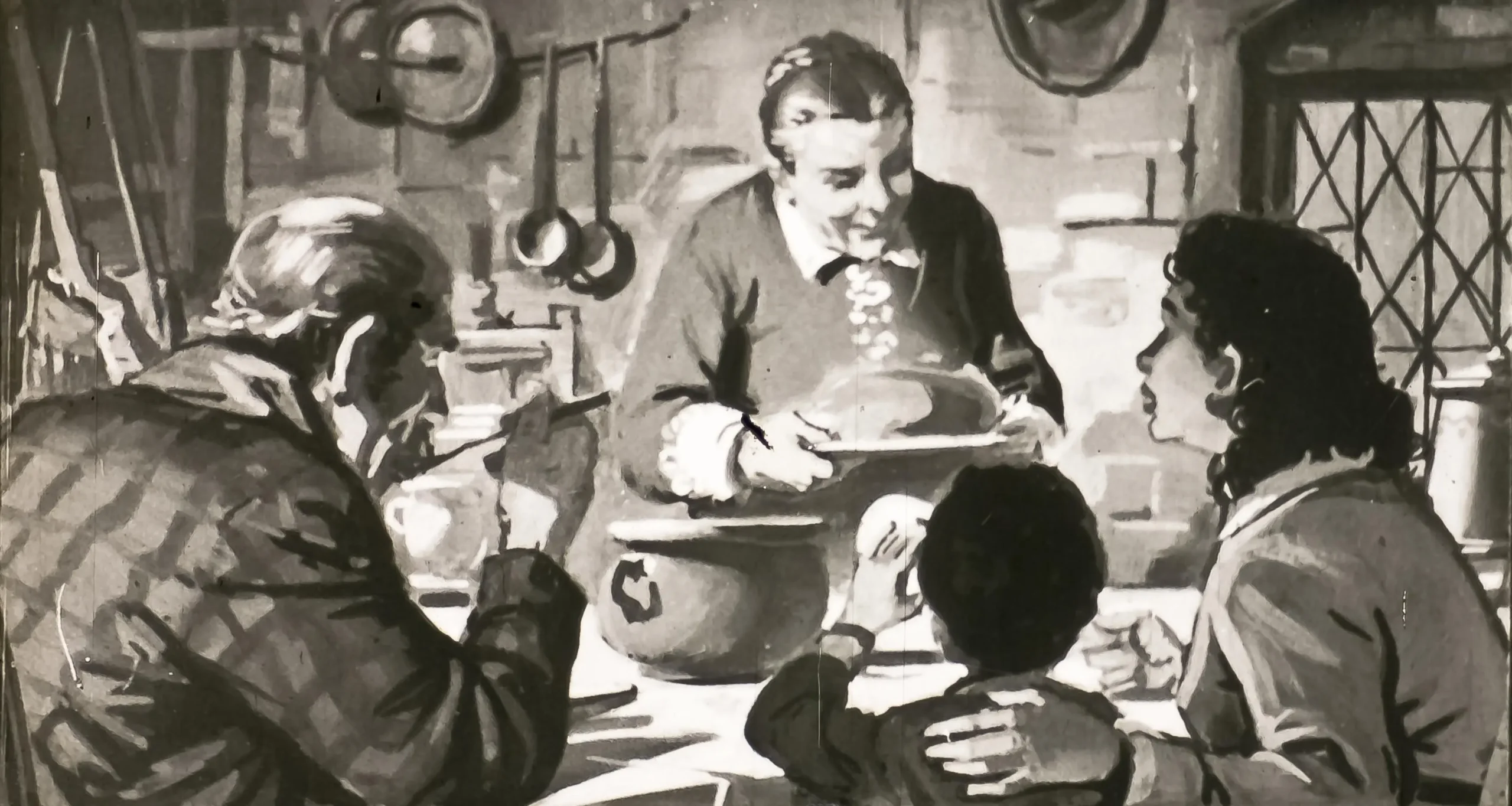 O scenă ilustrată în care o femeie servește mâncare unui grup de persoane, într-un mediu de bucătărie tradițională.