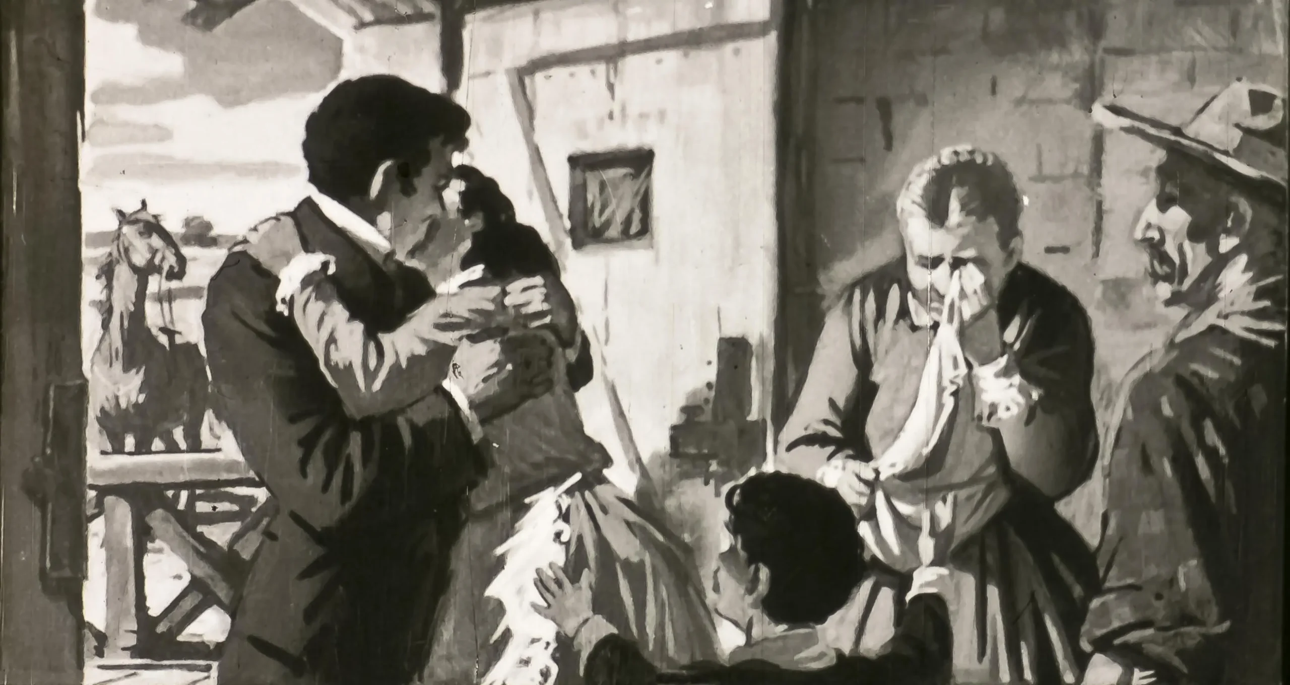 Ilustrare în alb-negru a unei scene emoționante cu mai multe personaje, incluzând o îmbrățișare între un bărbat și o femeie, înconjurați de alte persoane care asistă la momentul dramatic.