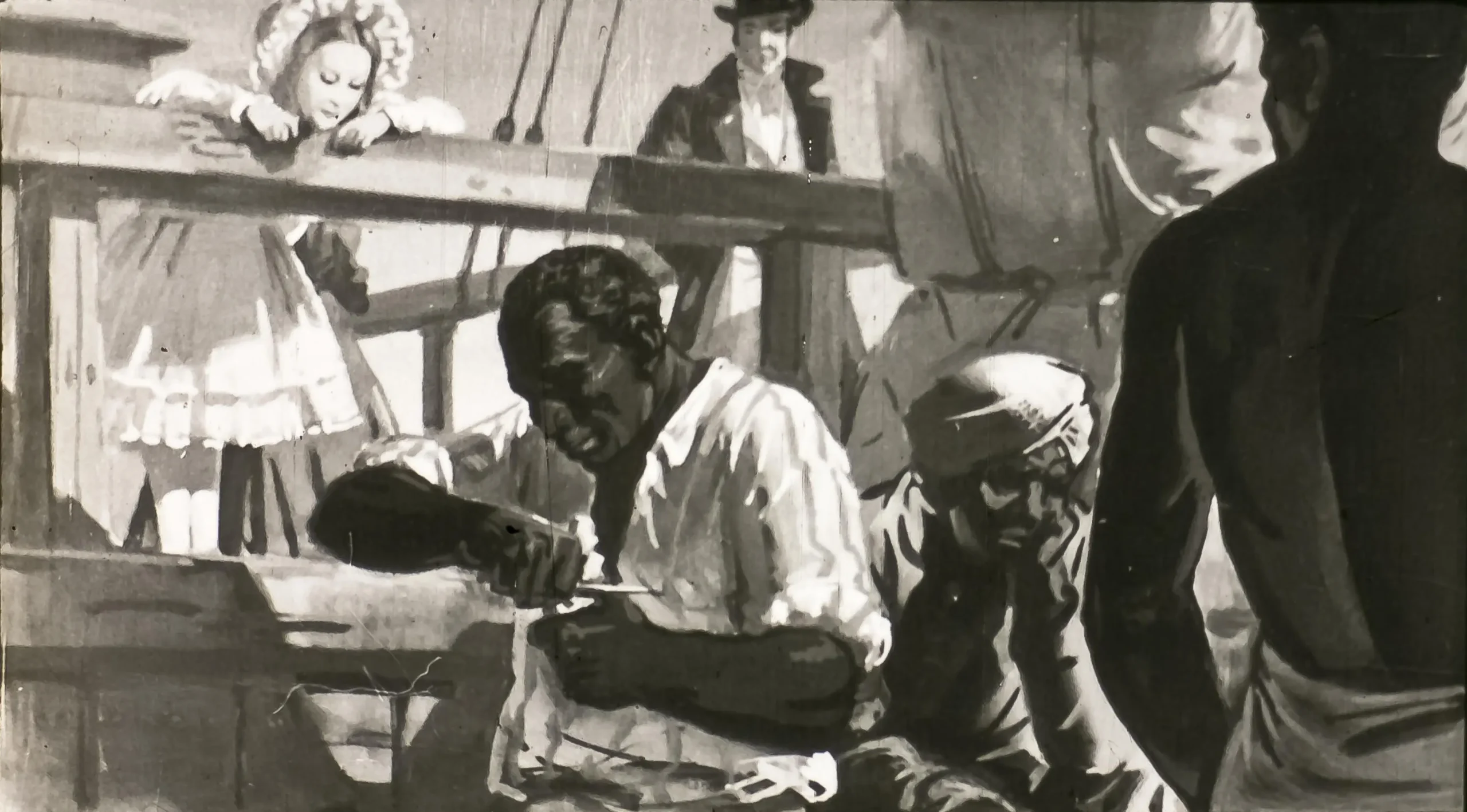 Ilustrație în alb și negru care arată oameni lucrând pe o navă, cu un bărbat care folosește un instrument, o femeie privind de sus și alți bărbați care observă.