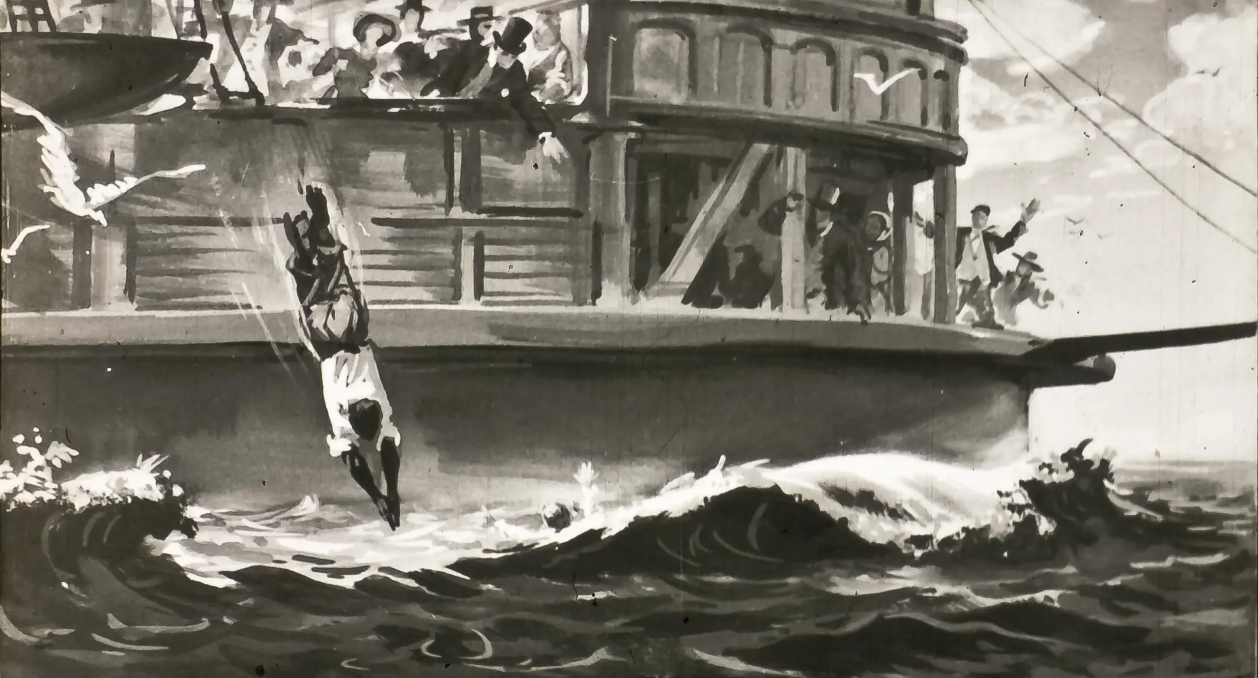O imagine alb-negru care ilustrează o scenă maritimă, cu o barcă și oameni pe ea, unul dintre ei sărind în apă.