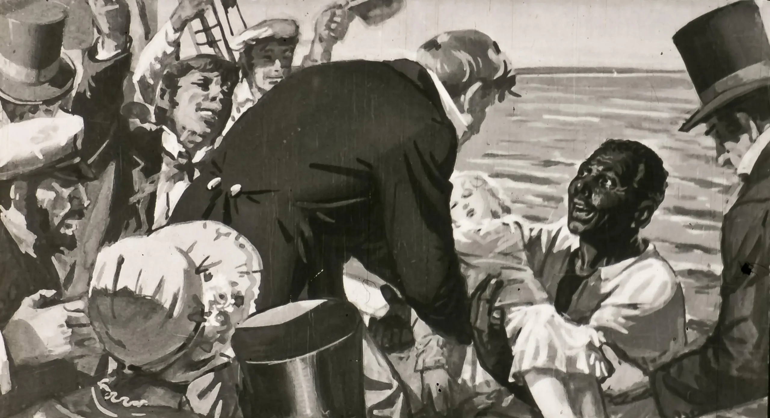 O ilustrație în alb și negru care arată o scenă agitată pe apă, în care mai multe persoane interacționează, unele exprima bucurie și altele îngrijorare.