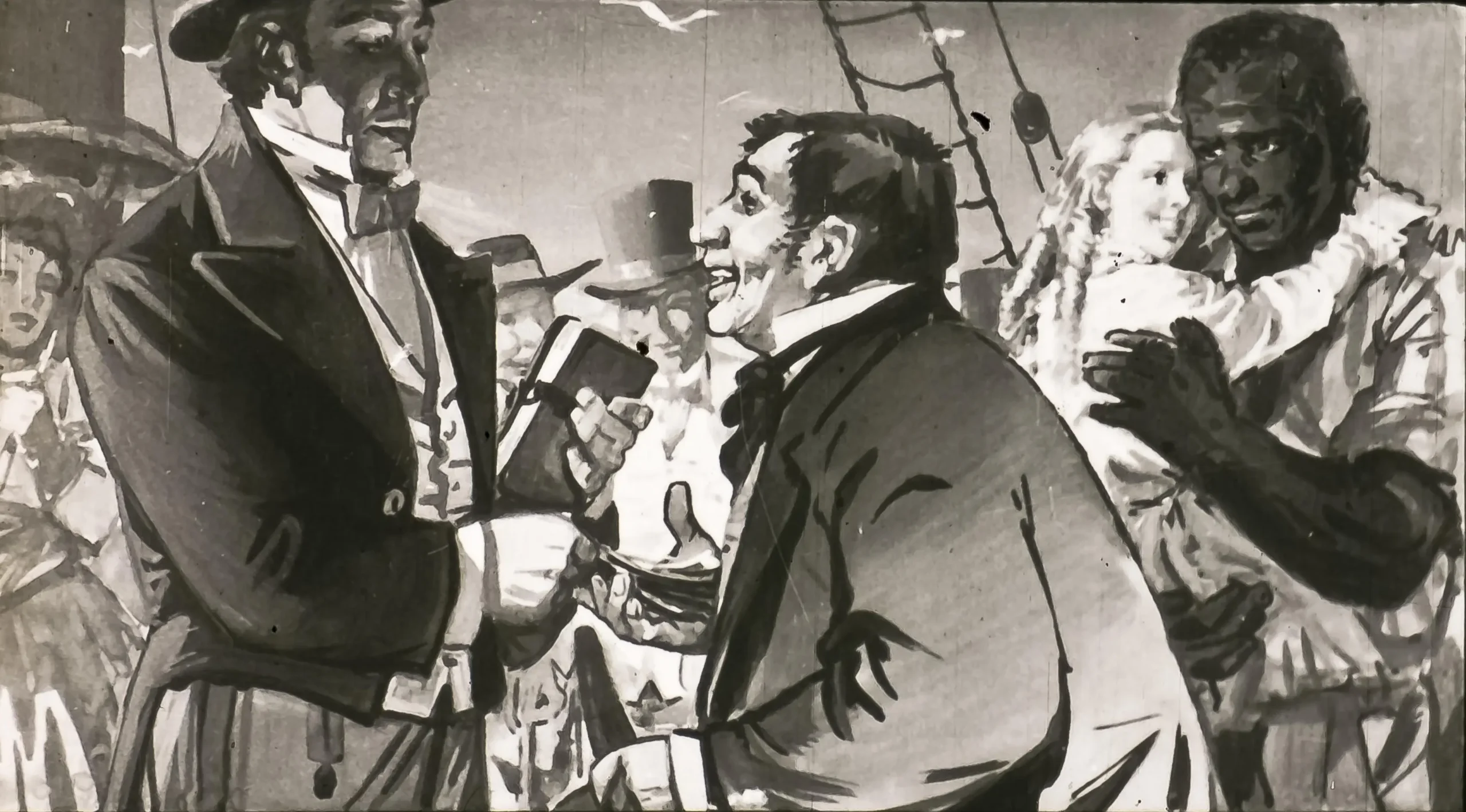 Ilustrație în alb și negru cu mai multe personaje pe o navă, unele dintre ele interacționând, inclusiv o persoană cu o carte în mână.