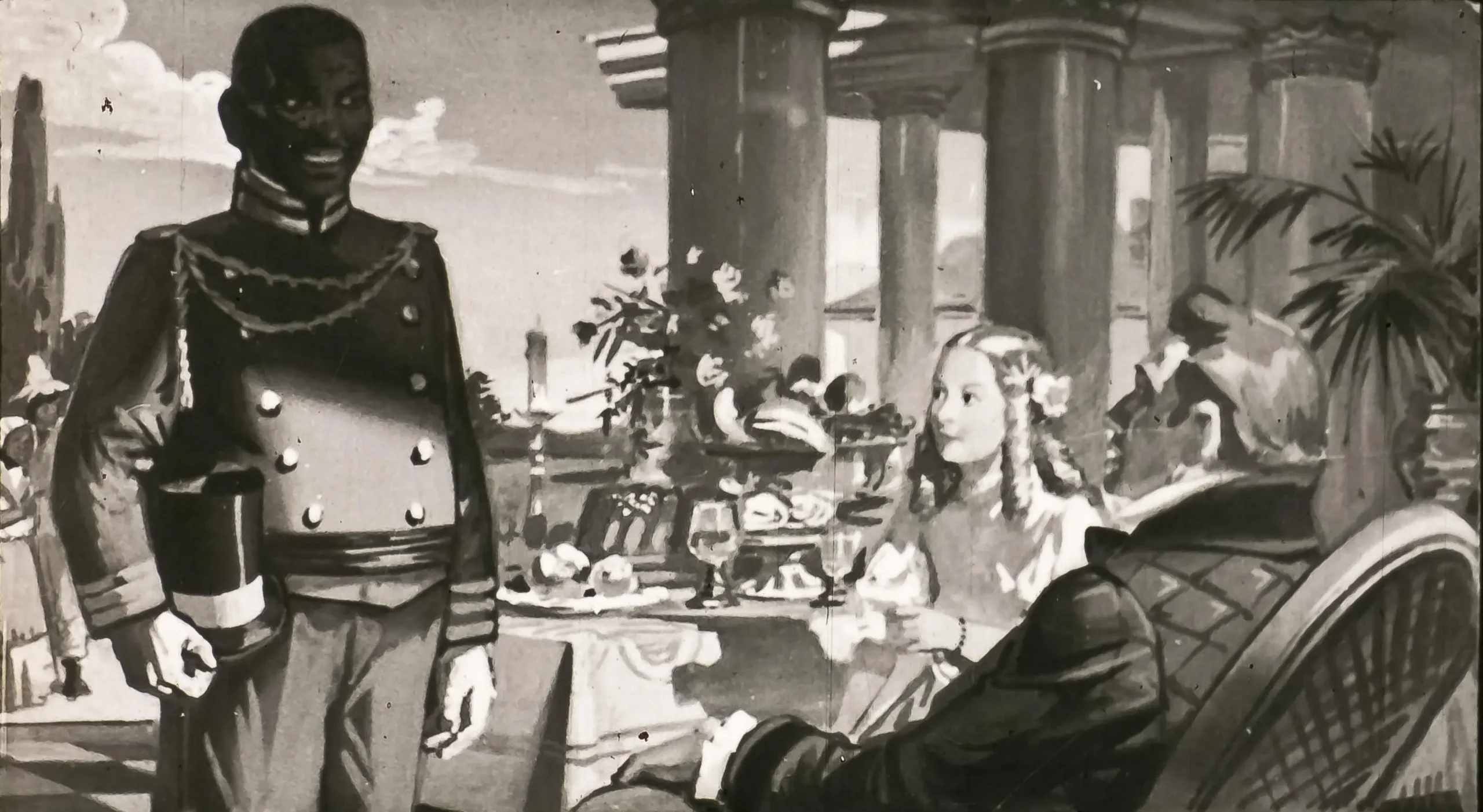 O scenă dintr-un restaurant elegant, cu un chelner îmbrăcat în uniformă, oferind servicii unei mese care include delicatese și băuturi.