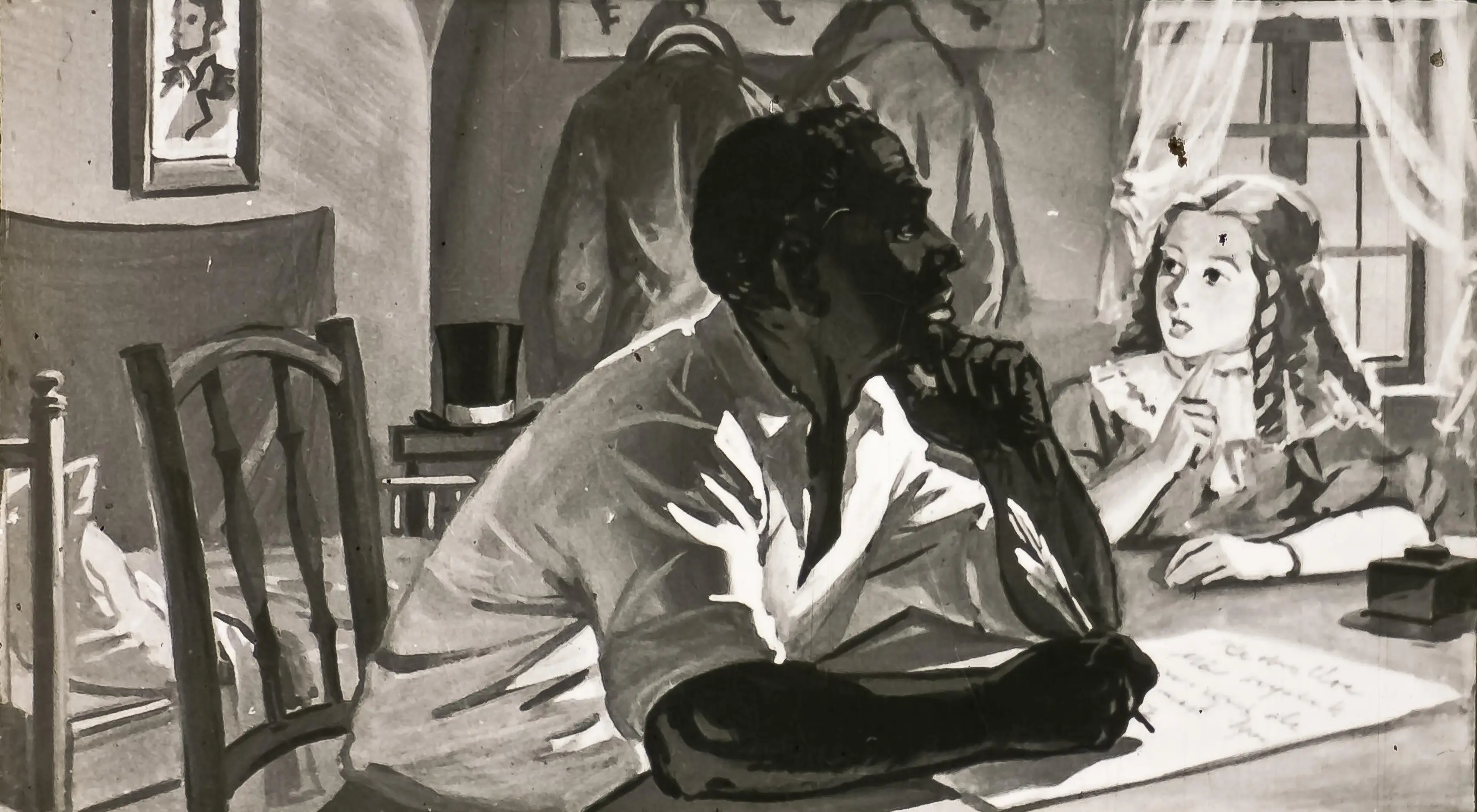 O scenă în care un bărbat și o fetiță stau la o masă; bărbatul se gândește în timp ce fetița îl privește cu curiozitate.