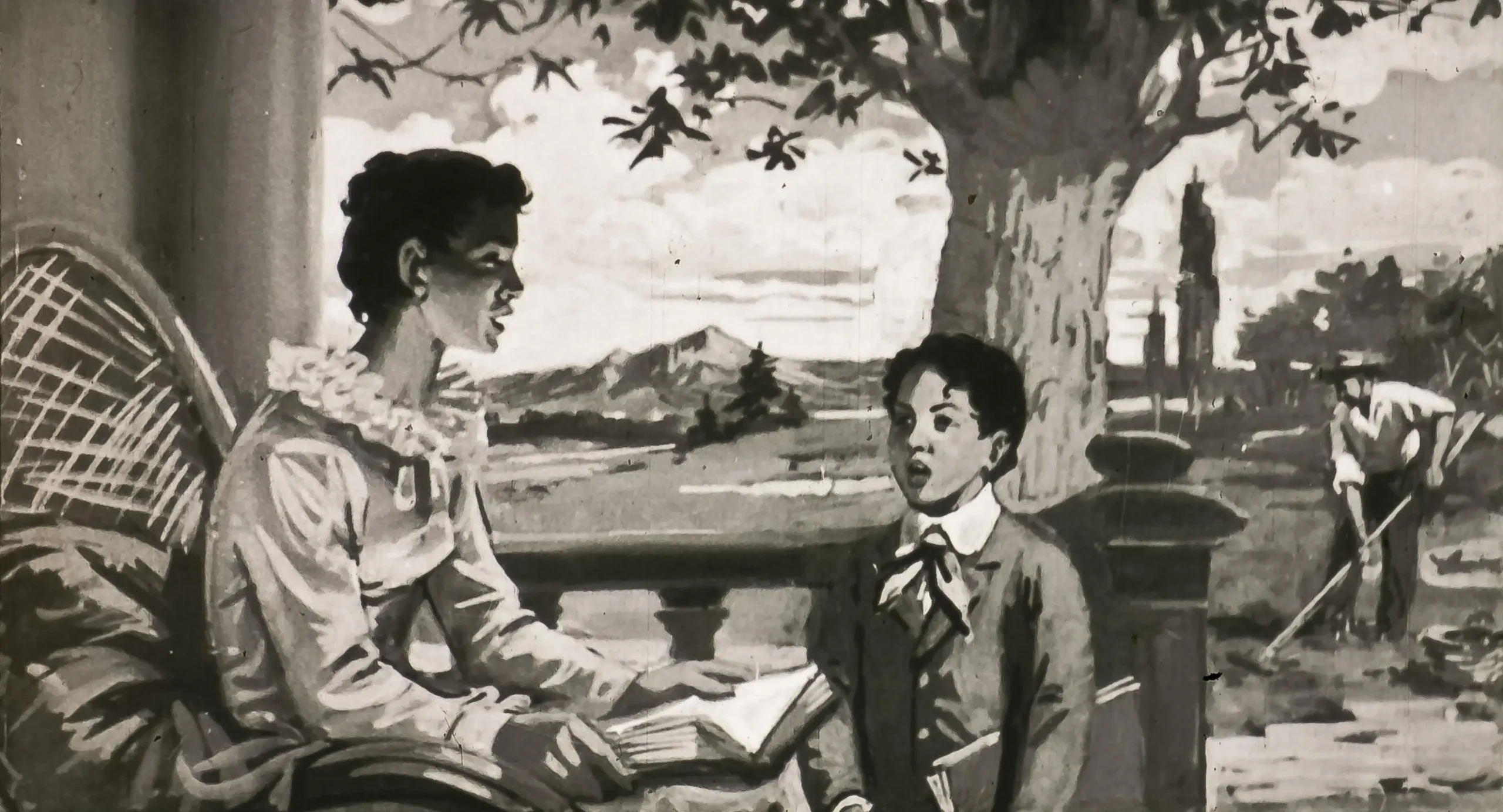 Ilustrație alb-negru cu o femeie și un băiat stând pe o verandă, discutând. Femeia poartă o rochie elegantă, iar băiatul are o cravată. În fundal se poate observa un peisaj cu arbori și un muncitor ce sapă.