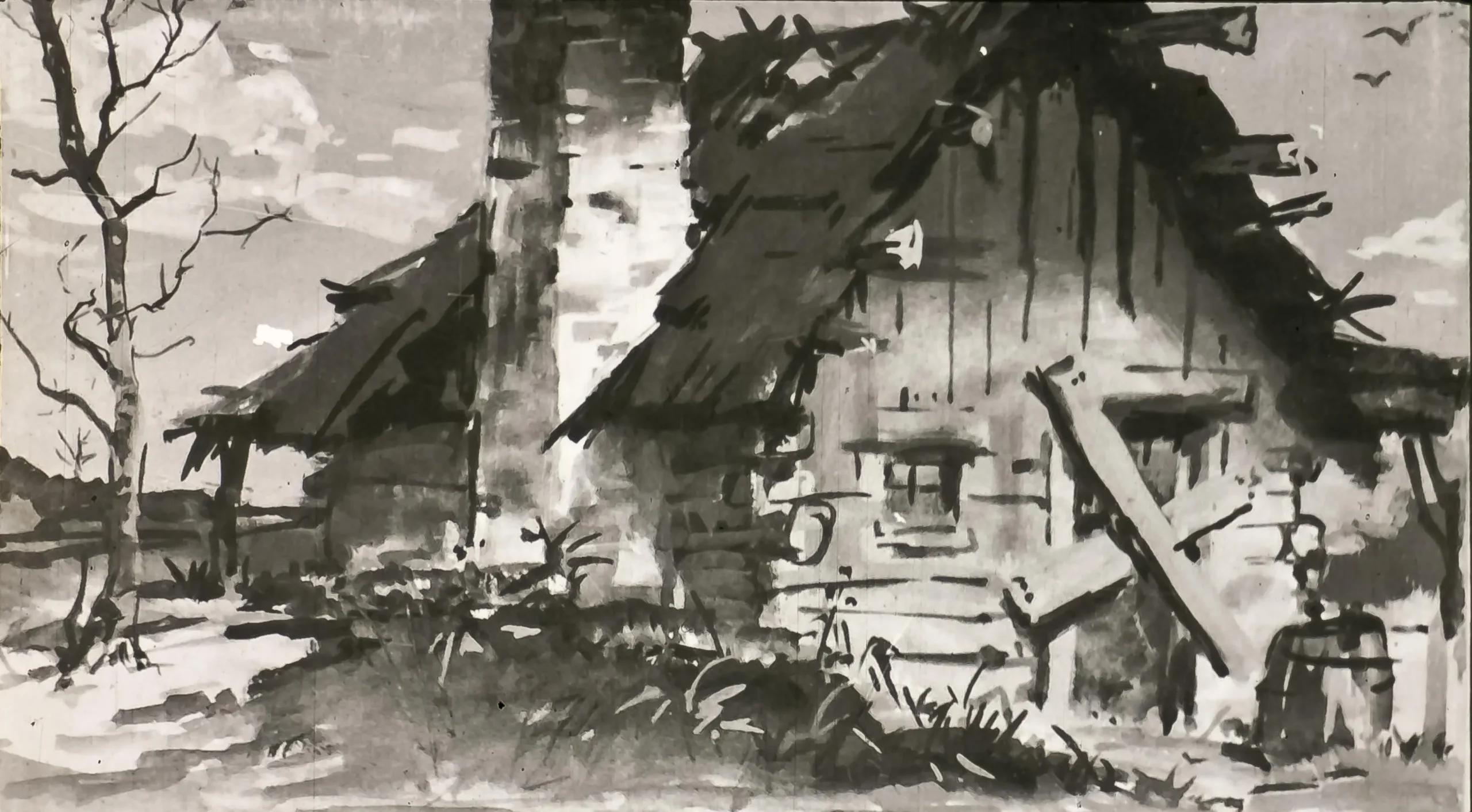 O ilustrație în alb și negru a unei case vechi, cu un acoperiș din paie, situată într-un peisaj rural, având un copac și cerul pe fundal.