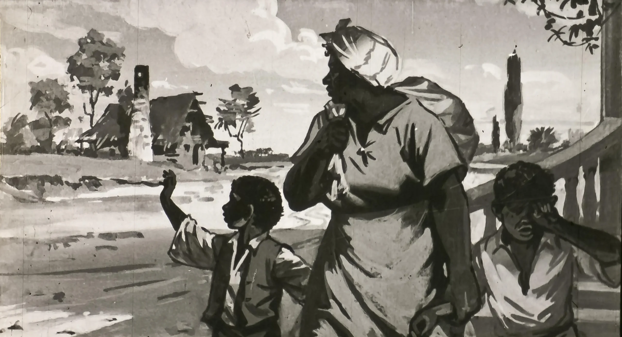 Un grup de trei persoane, inclusiv o femeie și doi copii, se îndreaptă pe un drum, cu un peisaj de case și copaci în fundal.