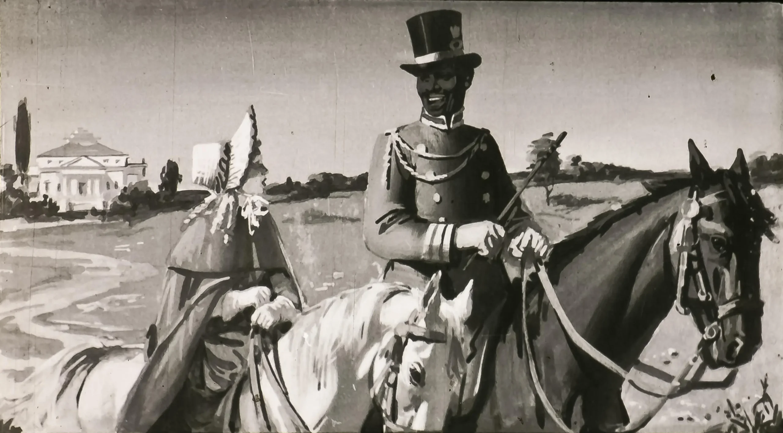 O imagine în alb și negru cu doi călăreți pe cai, unul dintre ei îmbrăcat într-un uniform militar și celălalt purtând o capă cu glugă.