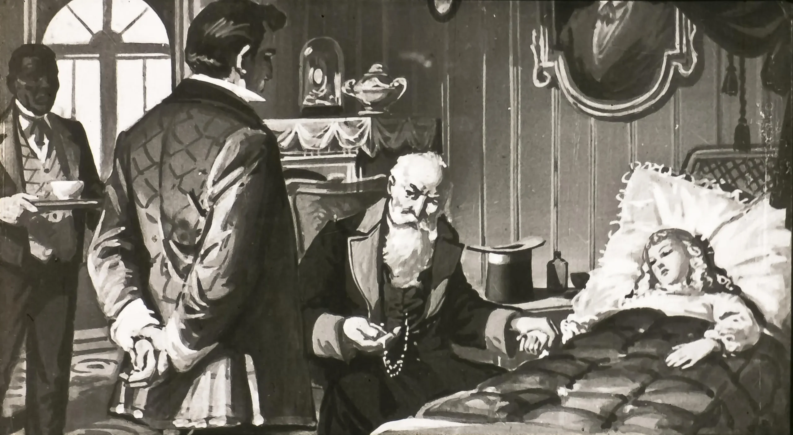 Un grup de bărbați într-o cameră, unul stând cu o ceașcă, altul analizând o fetiță care doarme pe un pat.