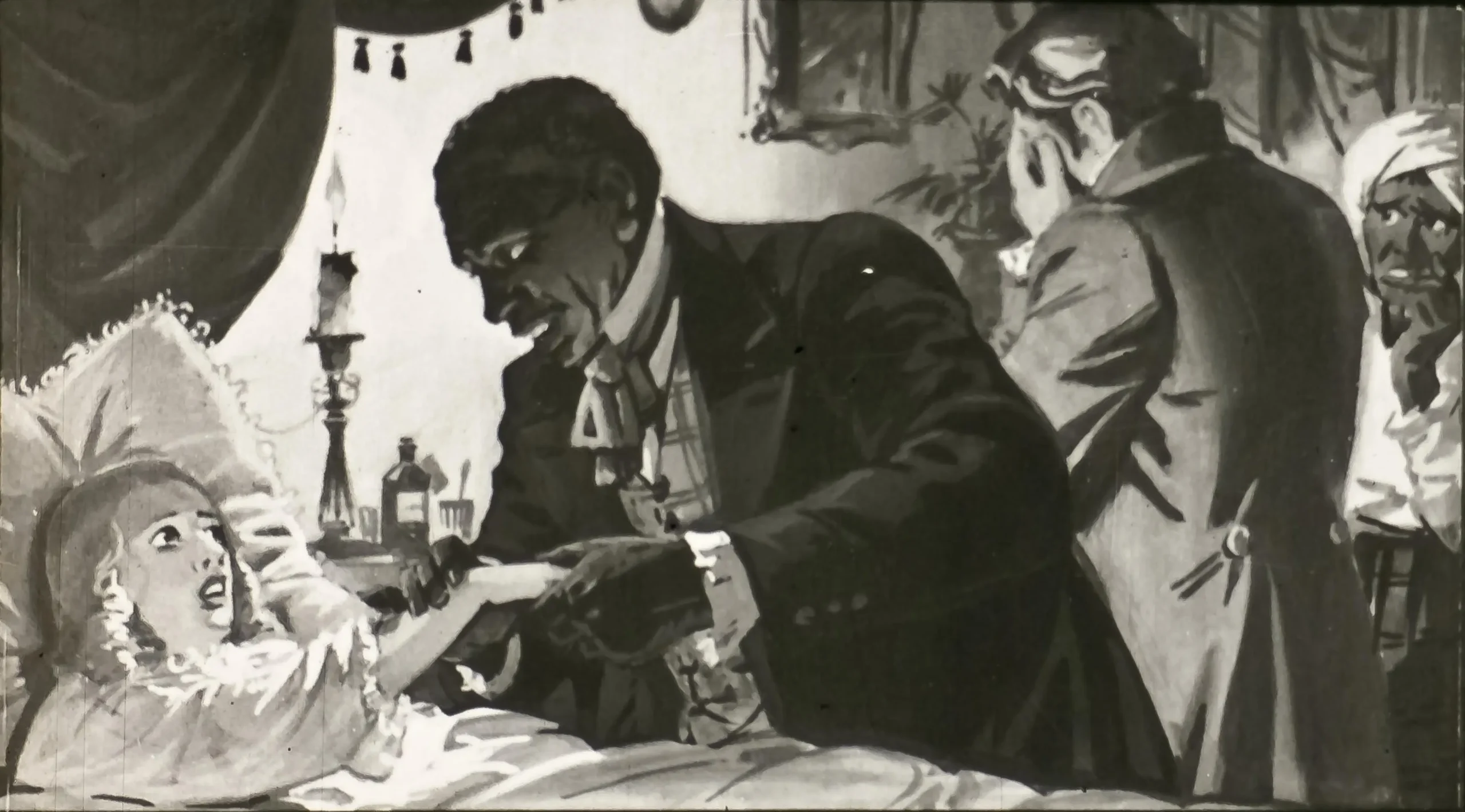 Imagine în alb și negru care prezintă o scenă dramatică în care un bărbat îmbrăcat elegant ține mâna unei femei speriate. Alți doi bărbați sunt prezenți în fundal, sugerând o atmosferă tensionată.