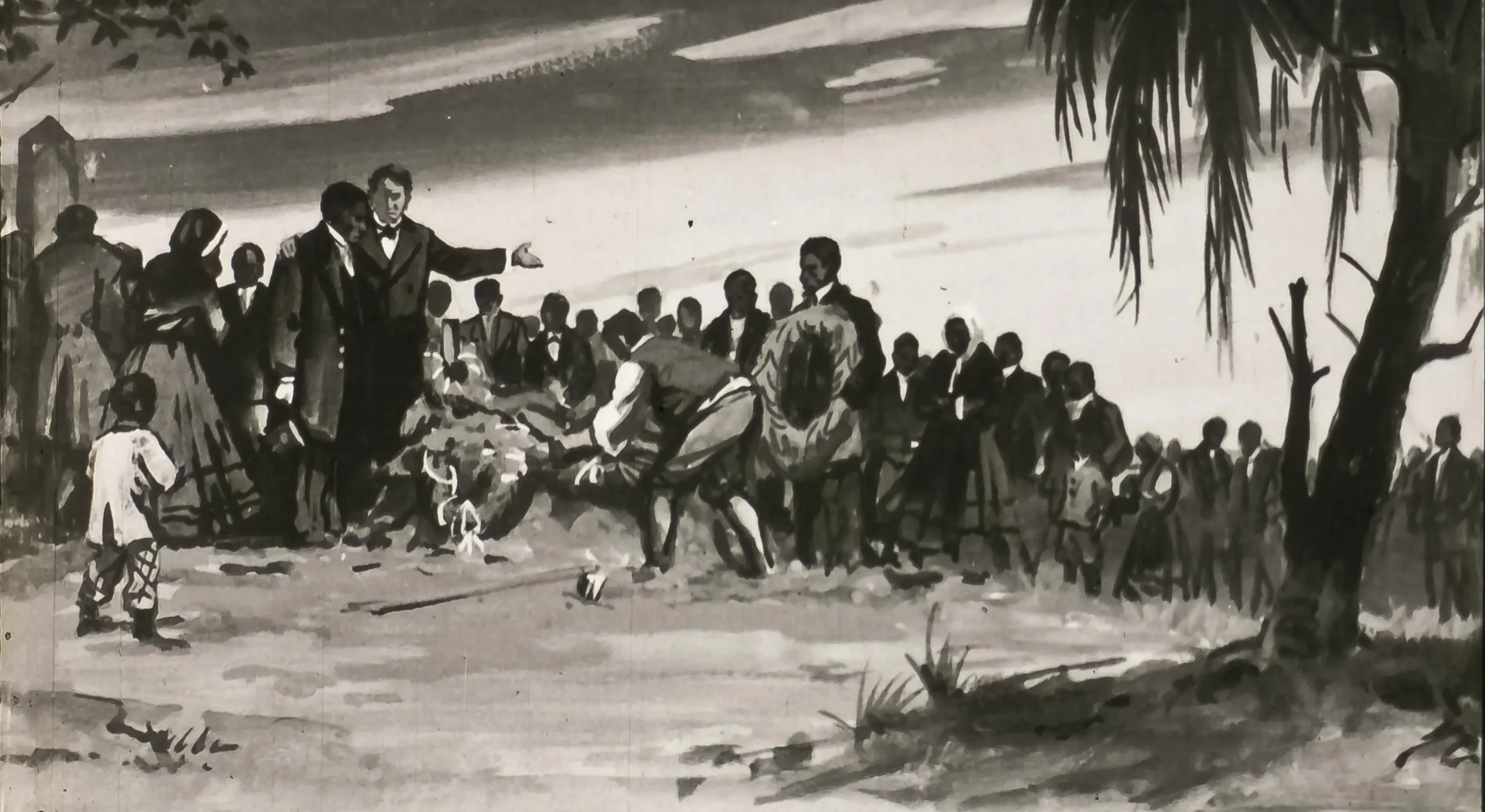 O scenă în alb și negru cu un grup de oameni adunați, observând o activitate centrală în care o persoană se află aproape de un animal pe sol. Un bărbat în costum indică spre ceva, în timp ce alții privesc.