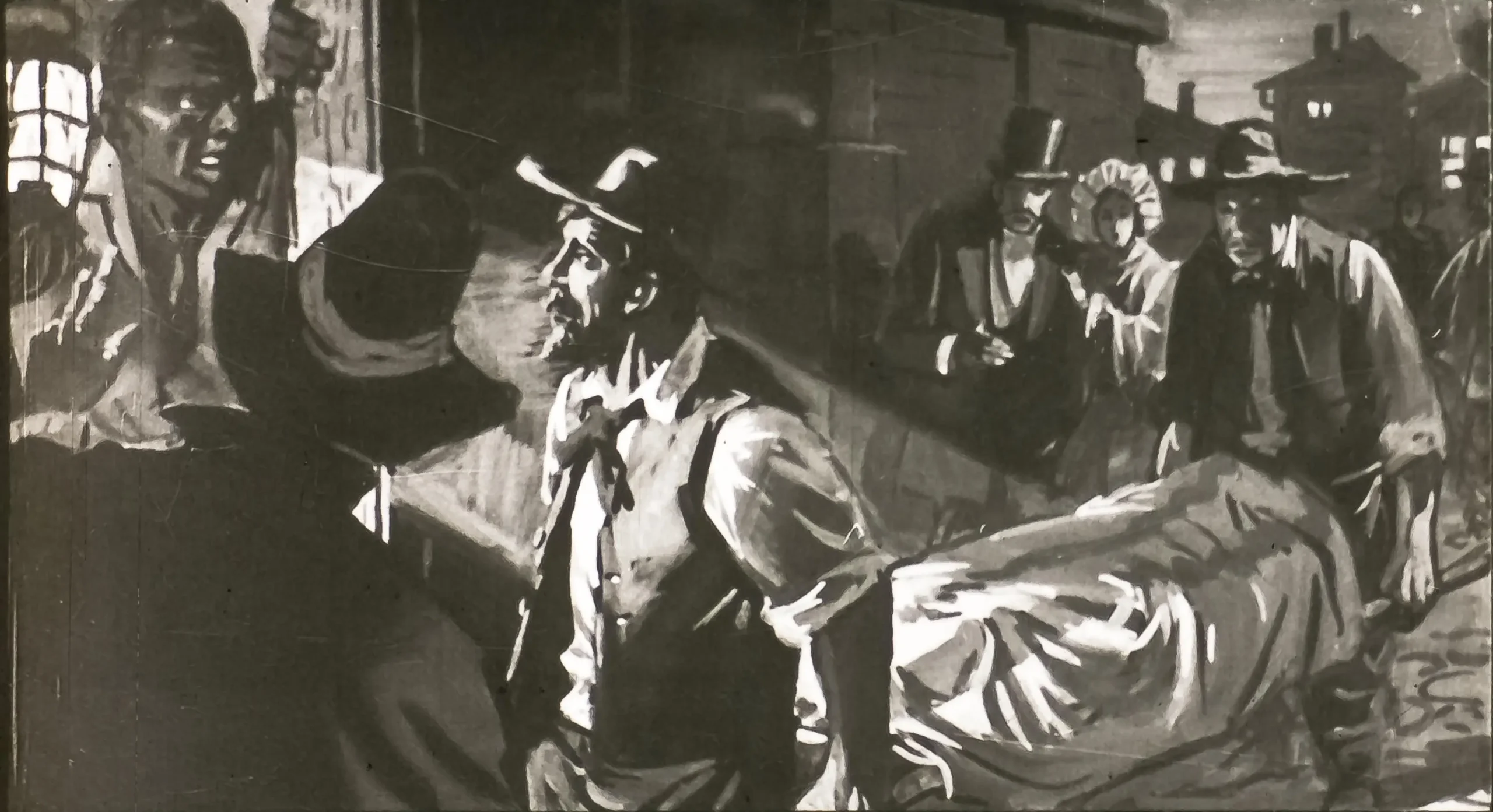 O scenă înfățișând mai multe personaje în haine de epocă, una dintre ele ținând o bucată de material, iar alte personaje observând o persoană acoperită de un țesut pe un pat.