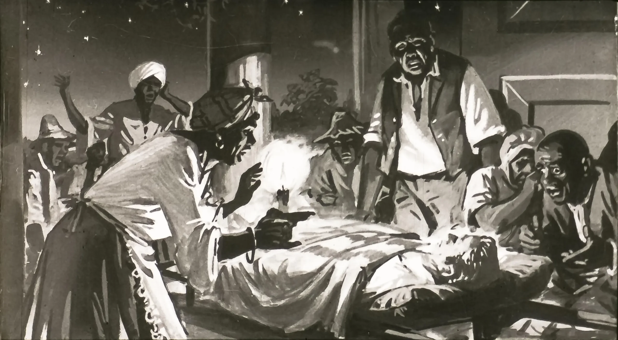 O scenă dramatică într-un spital sau o cameră întunecată, cu mai multe persoane adunate în jurul unui pat, unde o femeie cu o lumânare examinează un corp. Restul figurilor par îngrijorate sau speriate.