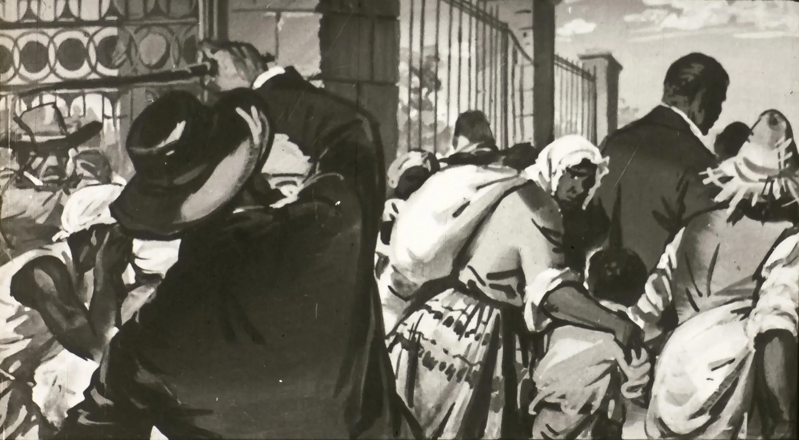 O imagine în alb și negru care ilustrează o mulțime de oameni, inclusiv bărbați și femei îmbrăcați în haine tradiționale, într-o scenă aglomerată lângă un gard.