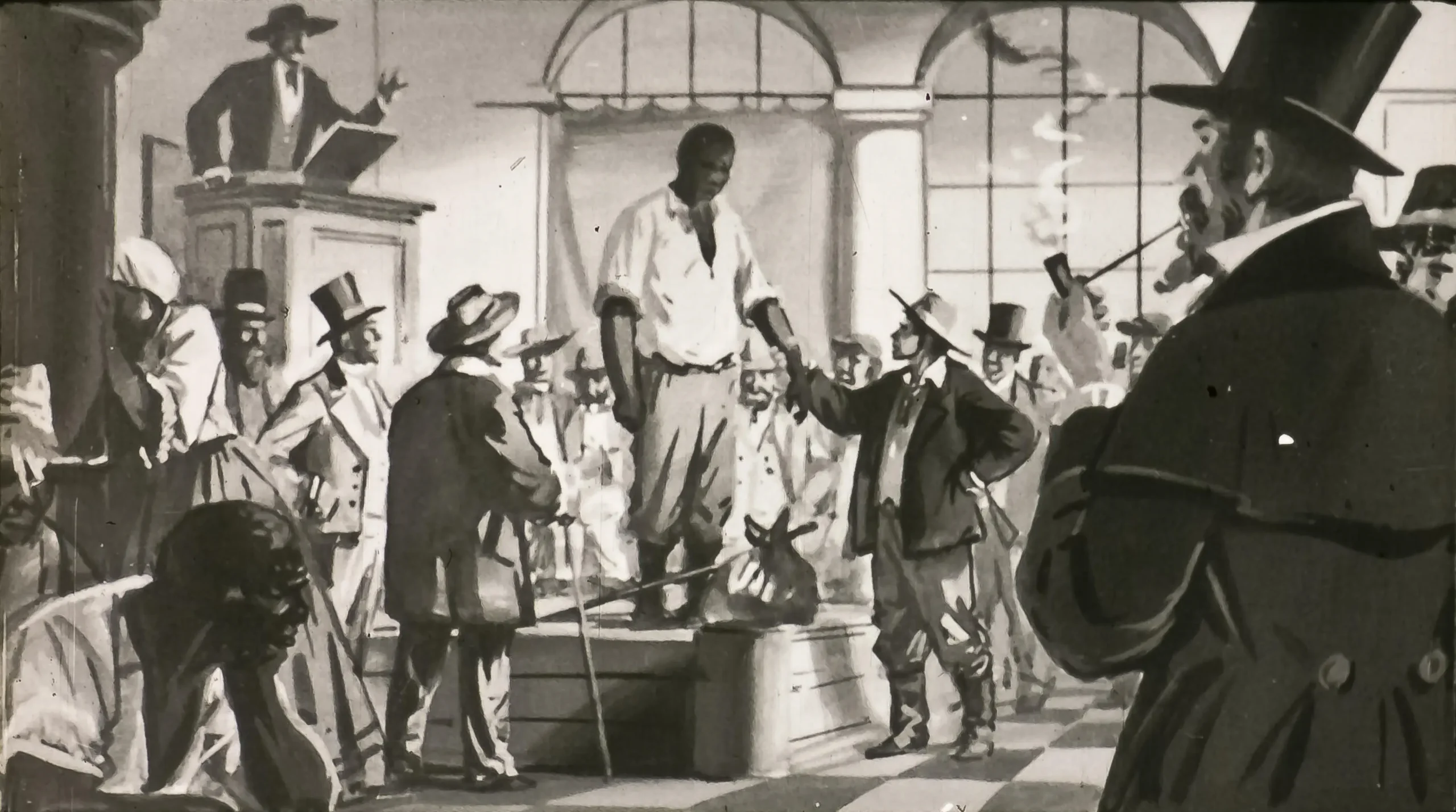 O representare artistică a unei scene istorice cu mai mulți bărbați îmbrăcați în haine de epocă, într-o sală, observând un bărbat de culoare care se află pe o platformă centrală, sub privirile lor atente.