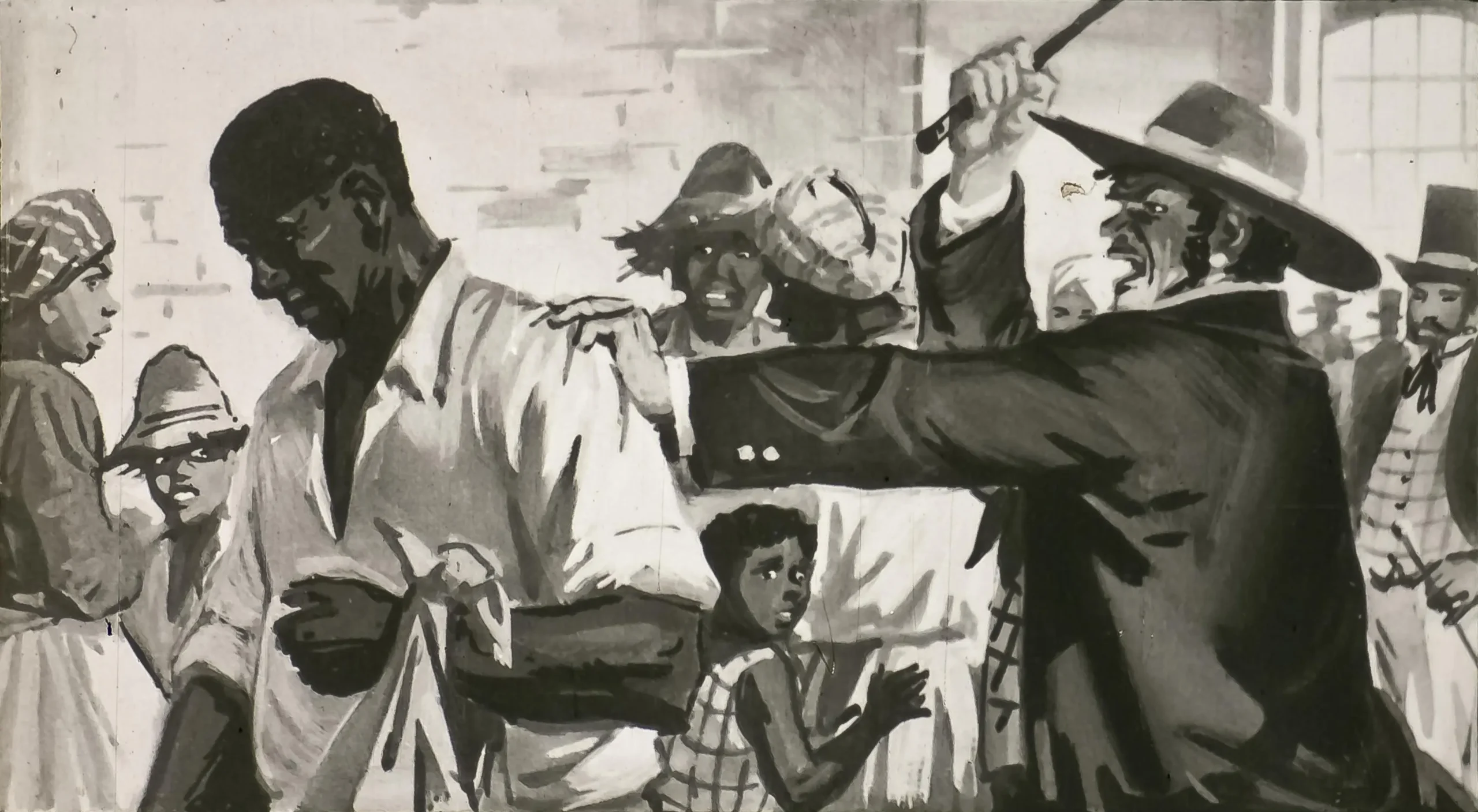 O ilustrație în alb și negru care arată o scenă istorică cu oameni, inclusiv un bărbat de culoare, un copil și un alt bărbat îmbrăcat în haine formale, în mijlocul unei interacțiuni tensionate.